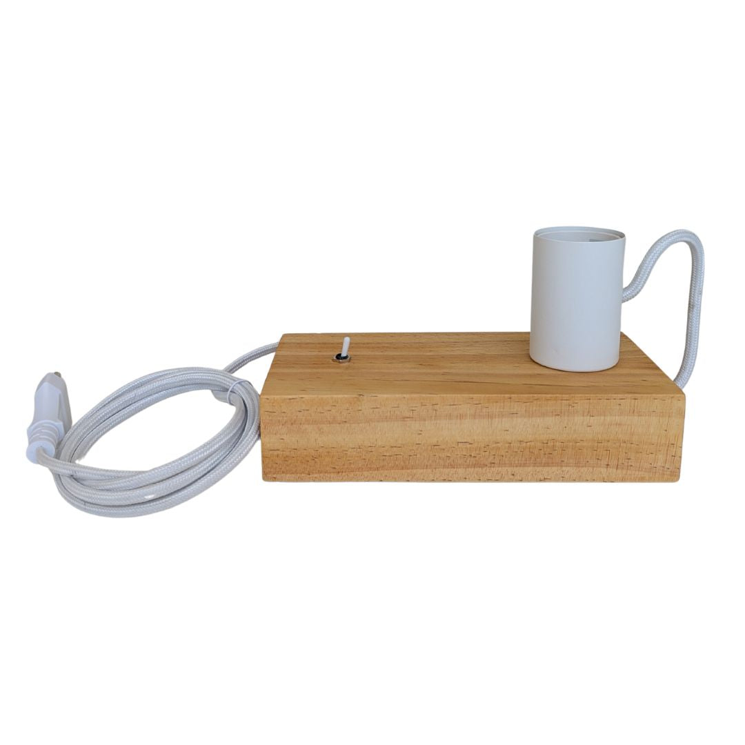 Holzsockel Mit Stoffkabel Und Schalter E27 Lampenhalter Weiß