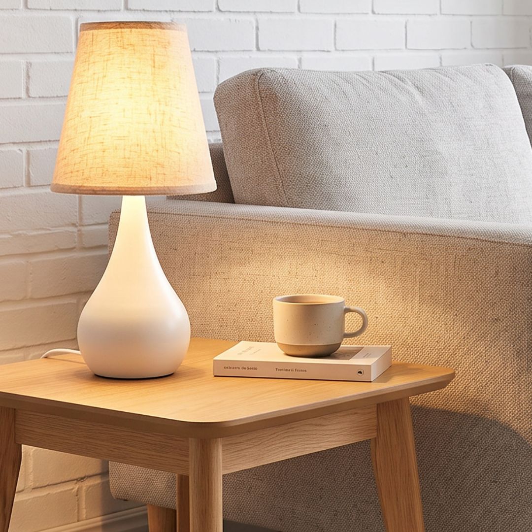 Tischlampe Mit Weißem Vasen-typ-ständer Und Beigefarbener Stofftulpe