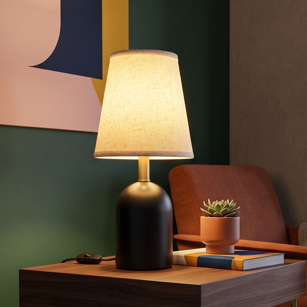 Tischlampe Mit Beigefarbener Stofftulpe Und Schwarzem Dekorationsstand