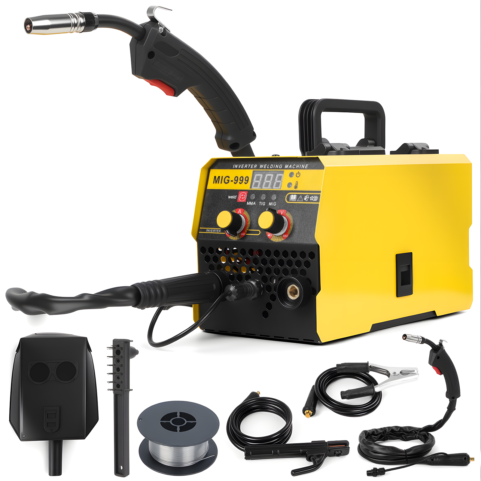 Fianao – 3 In 1 Gasfreier Mig Schweißgerät – 140 A, Duale Spannung 110v 220v, Digitales Led Display, Tragbar, Mit Zubehör, Für Heimwerkstatt, 30 × 15 × 18 Cm, Gelb