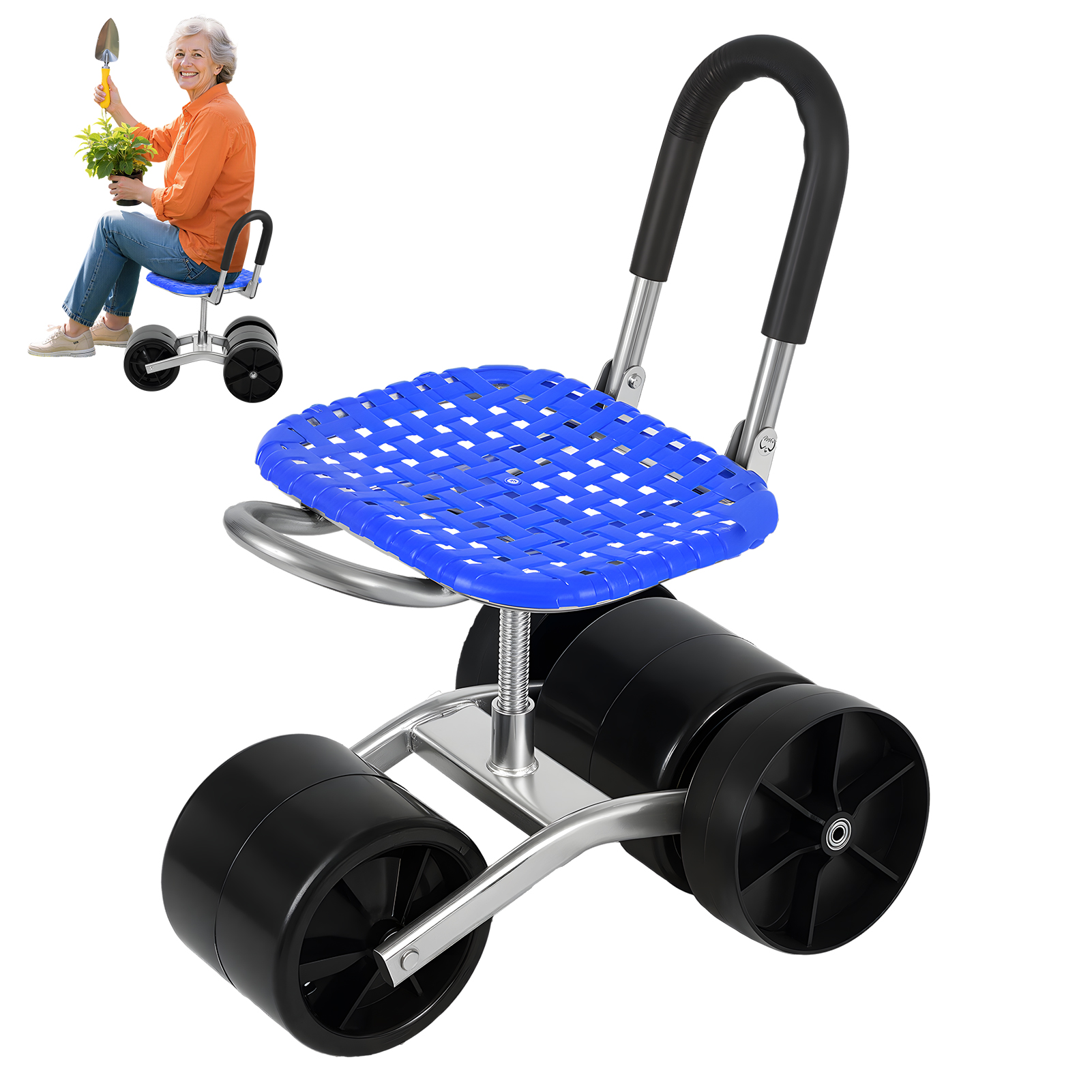 Fianao – Gartensitz Mit Rädern – Rollbarer Gartenschubwagen, 360 Grad Drehbarer Sitz, Höhenverstellbar Und Faltbar, Stahlrohr Und Pp, Bis 150kg Traglast, 47 × 31 × 60 Cm, Blau