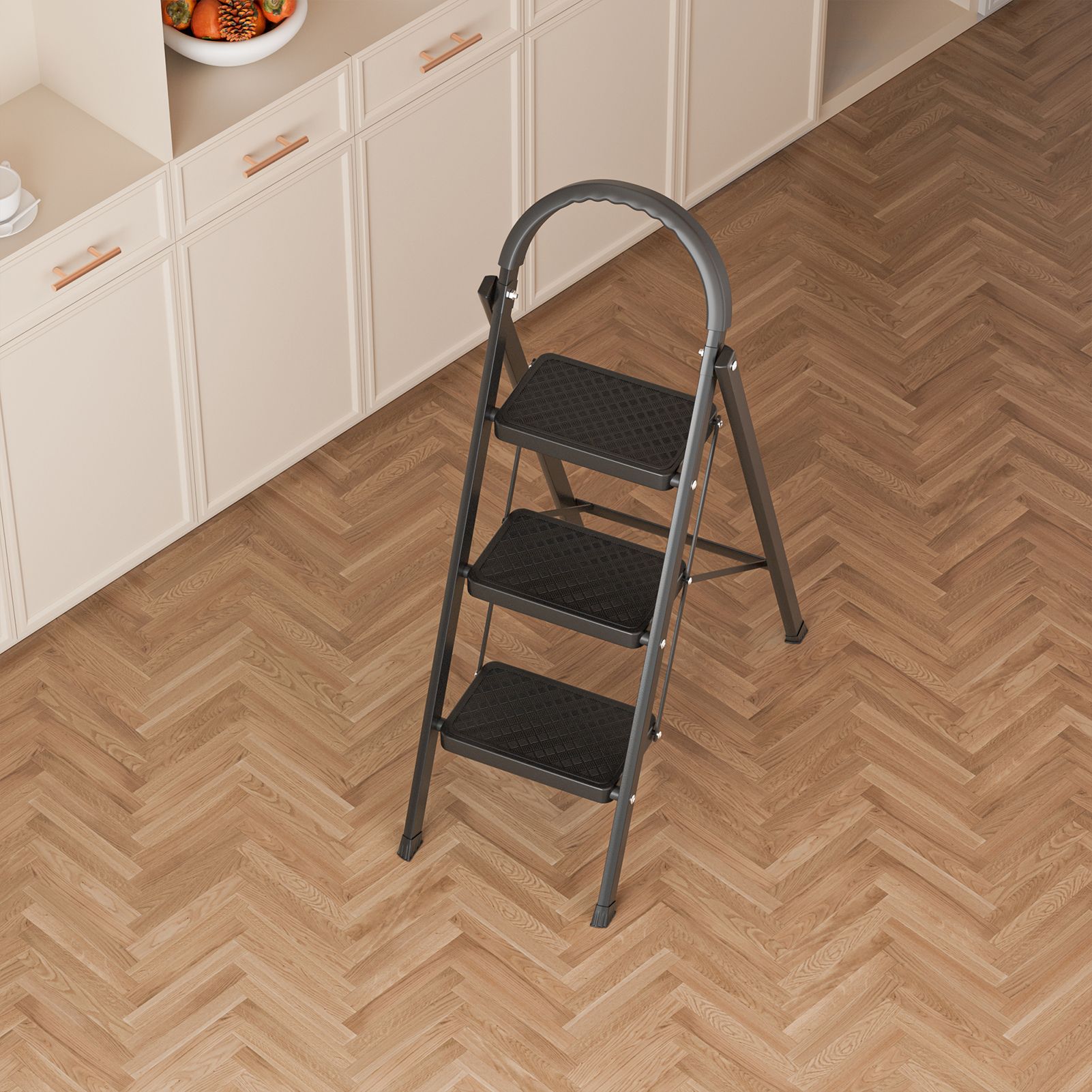Fianao – 3-stufige Klapptreppe – Mehrzweck Leiter Für Haus Und Wohnmobil, Belastbar Bis 150 Kg, Verbreiterte Trittflächen, D-förmiges Rohr, Schwarz – Maße: 55 × 37 × 95 Cm