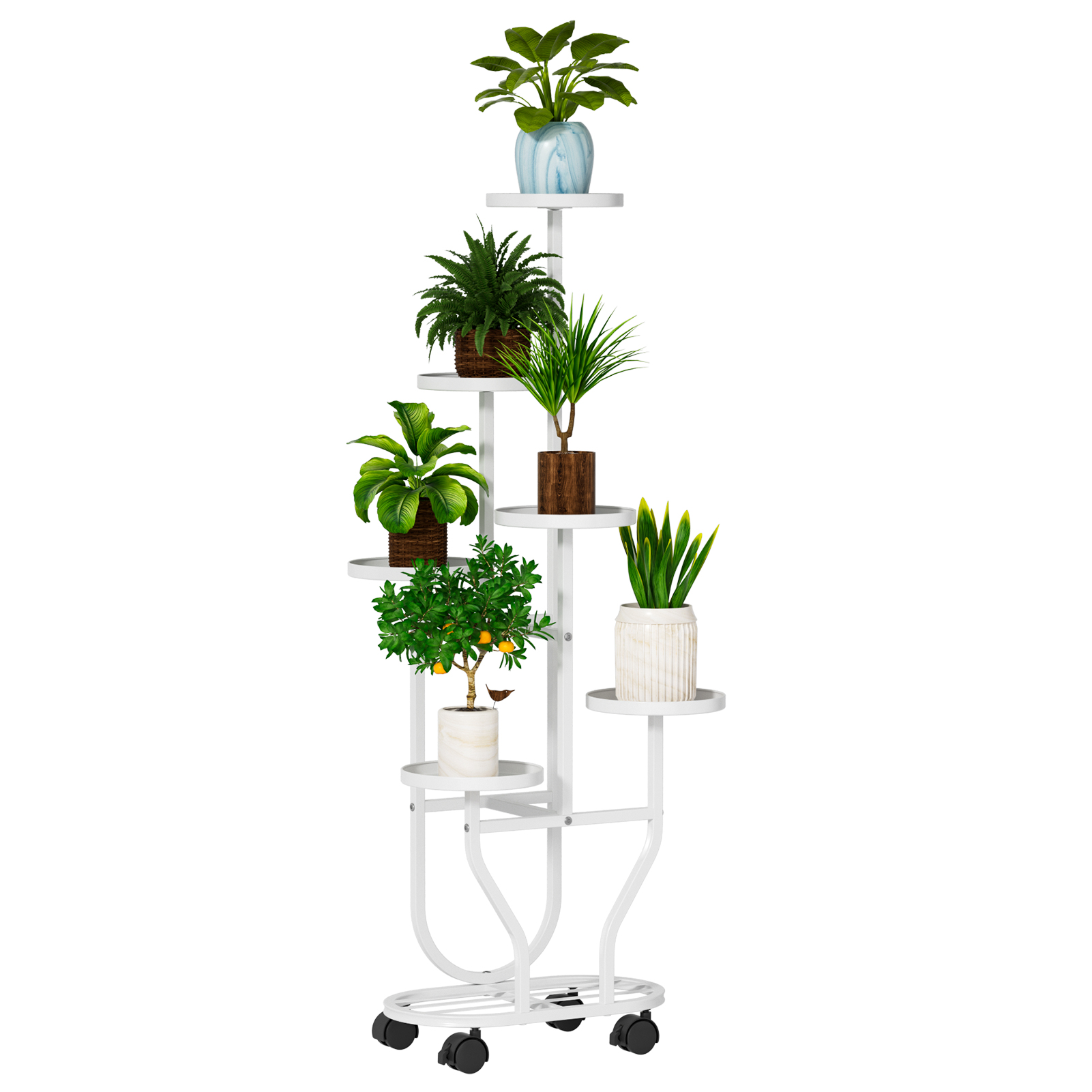 Fianao – Pflanzenständer Mit Rollen – Sechstufiger Eisen Blumenregal, Eckregal Für Topfpflanzen, Bewegbar, Für Wohnzimmer Balkon Und Garten, 42 × 23 × 119 Cm, Weiß