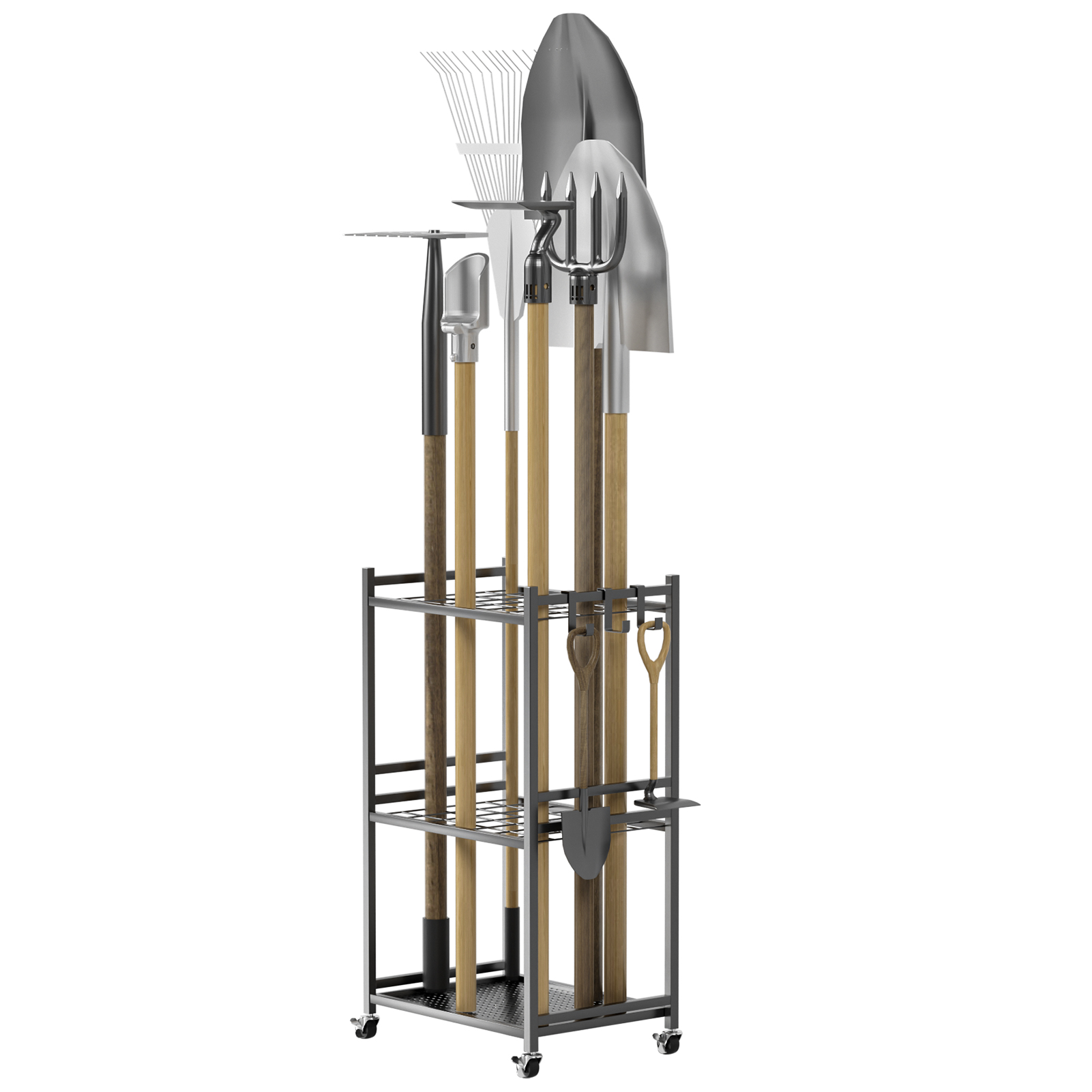 Fianao – Gartengeräte Organizer – Rollbarer Eisen Ständer Mit 35 Fächern Und Haken, Verstellbare Füße, Für Schaufeln Rechen Und Besen, Für Garage Und Schuppen, 43 × 30 × 79 Cm, Schwarz