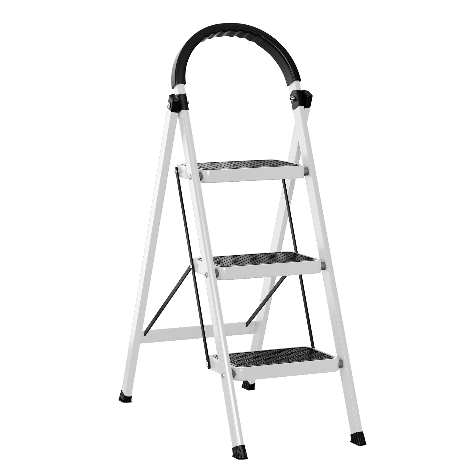 Fianao – Trittleiter – Dreistufige Faltbare Tritthocker, Stabiler Eisenrahmen, Rutschfeste Breite Stufen, Bis 330 Lbs Traglast, Dreieckige Stabilität, Für Haus Und Wohnmobil, 90 × 52 × 38 Cm, Weiß