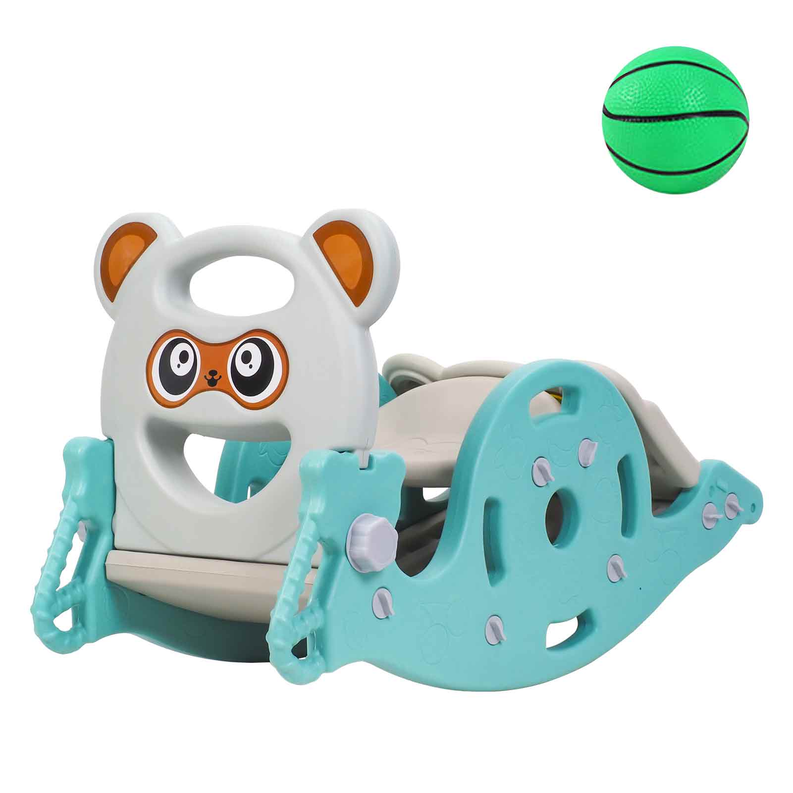 Fianao – 4 In 1 Kinder Rutsche Schaukel Spielzeug – Kombinierter Schaukelpferd Mit Basketballkorb, Für Kinder Von 1 Bis 6 Jahren, Stabiler Kunststoff, Bis 40kg Traglast, 34 × 40 × 100 Cm, Grün