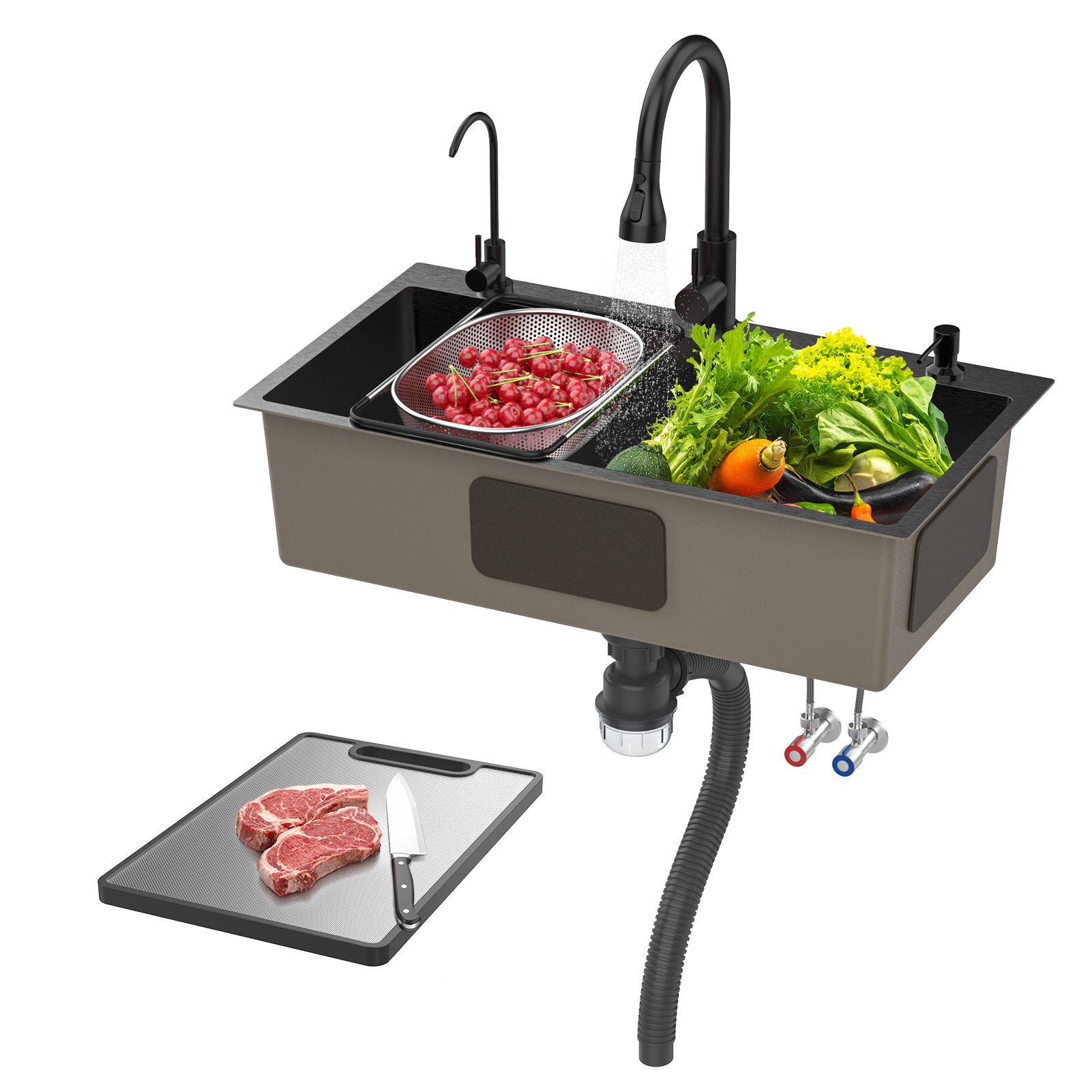 Fianao – Küchenspüle – Einbau Oder Aufsatz Edelstahl Einzelbecken Spüle Mit Schneidebrett Und Abtropfkorb, Nano Beschichtung, Gute Entwässerung, Zubehör Enthalten, 80 × 45 × 20 Cm, Schwarz