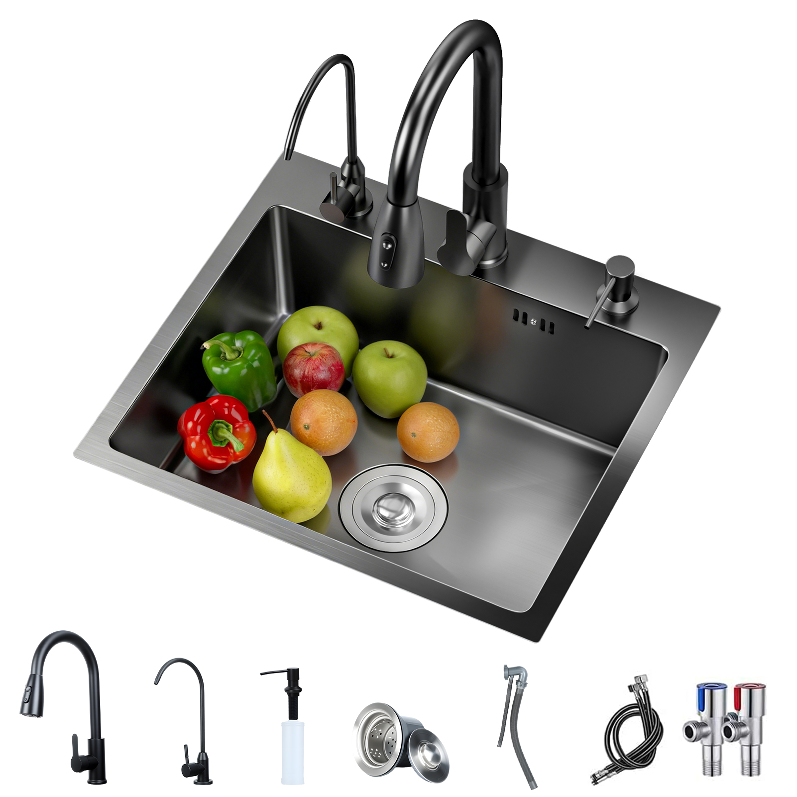 Fianao – Küchenspüle – Einbau-edelstahl Einzelbecken, Mit Wasserhahn, Ölbeständig, Kratzfest, Verstopfungshemmend, Schwarz – Maße: 50 × 45 × 20 Cm