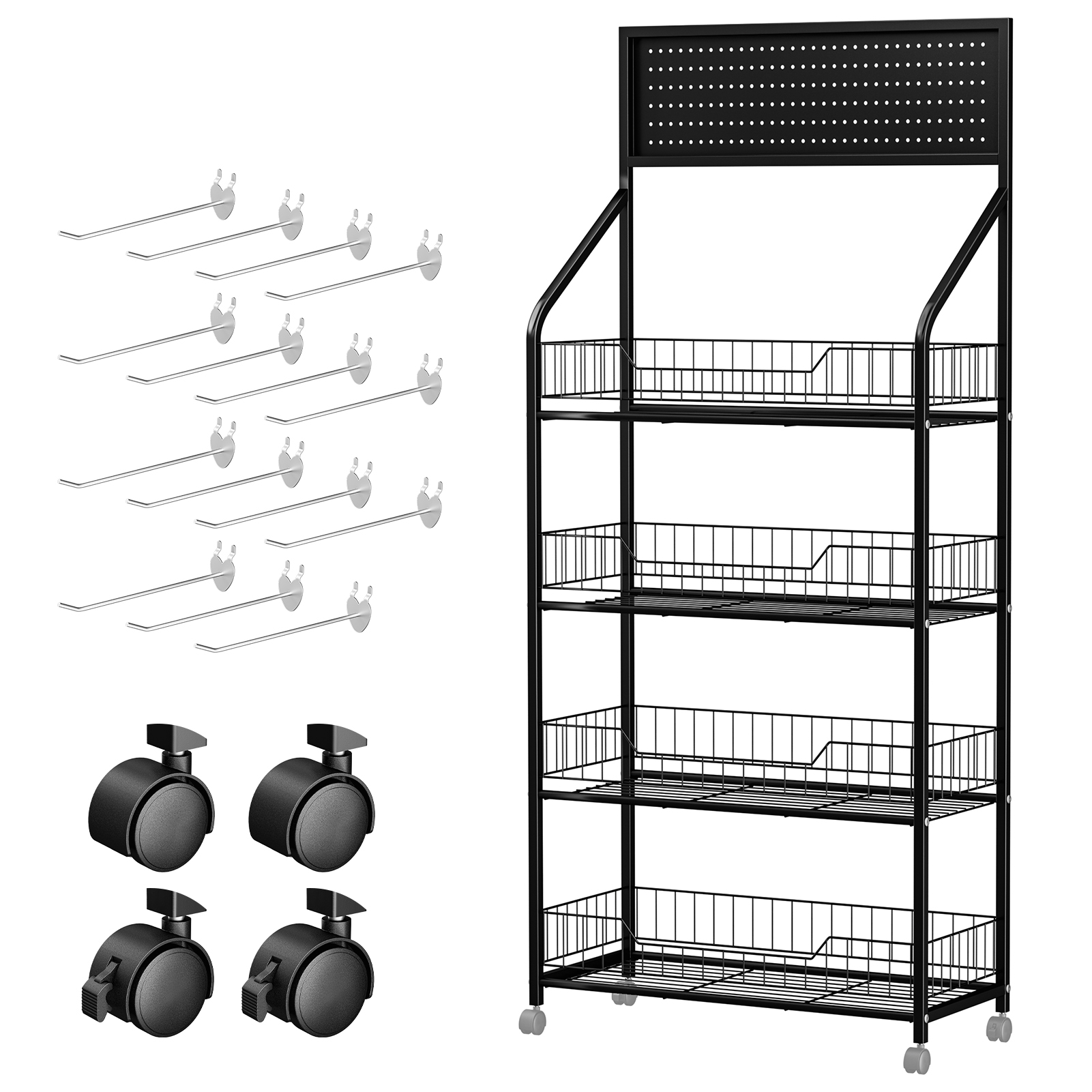 Fianao – 4-stufiges Snack-display-regal – Metallwagen Mit Rädern Und 15 Haken, Stabil, Für Supermarkt Und Haushalt, Schwarz – Maße: 60 × 27 × 140 Cm
