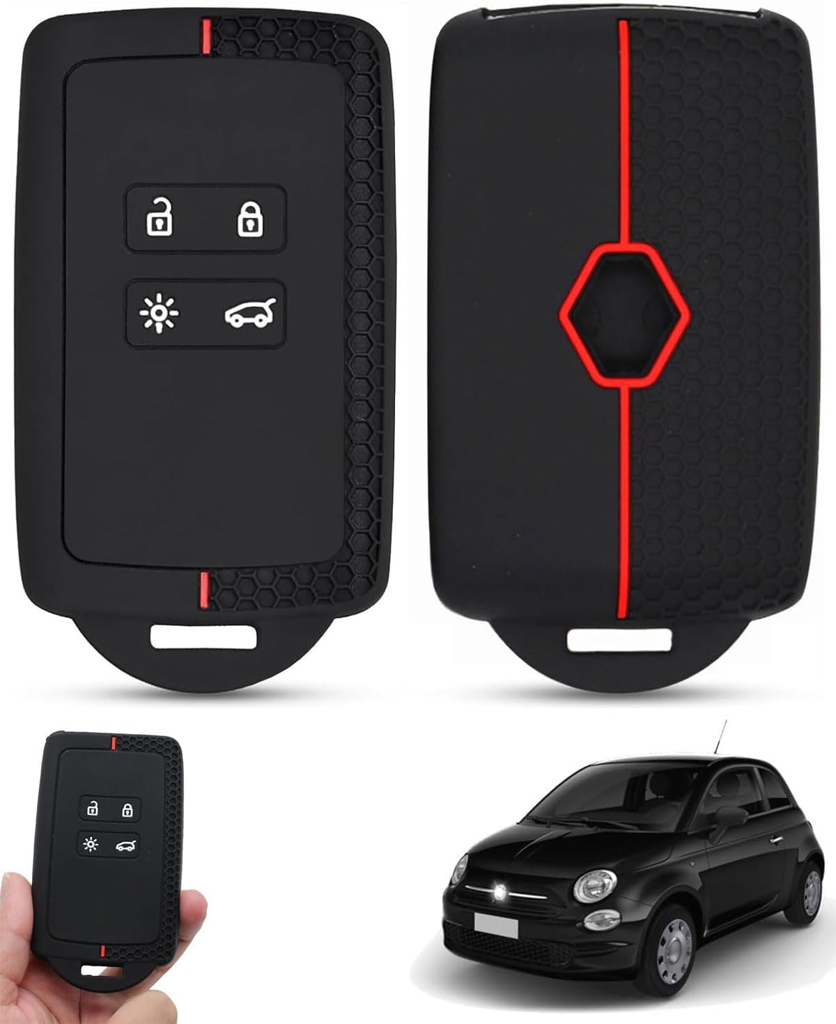 Set Von 2 Hüllen Schlüssel Auto Silikon Tpu 4 Tasten Schwarz Mit Ligne Rot, Kompatibel Renault Clio, Megane, Kol V151b