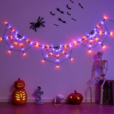 Lichterkette Halloween Toile D'Araignée Mit Araignées - 180cm, 60 Leds, 8 Modi, Piles Und Schaltuhr, Décoration