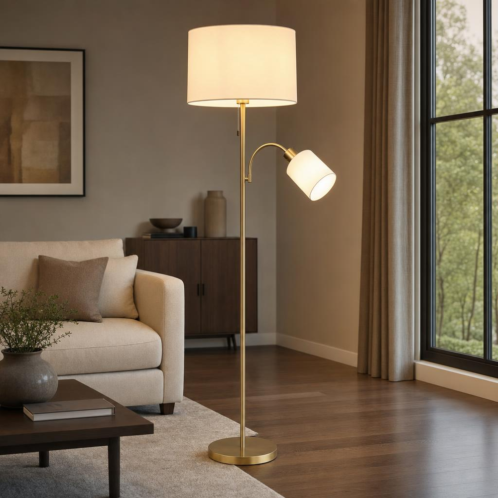 Stehleuchte Stehlampe Wohnzimmerlampe Lesefunktion Messing Zugschalter H 165 Cm