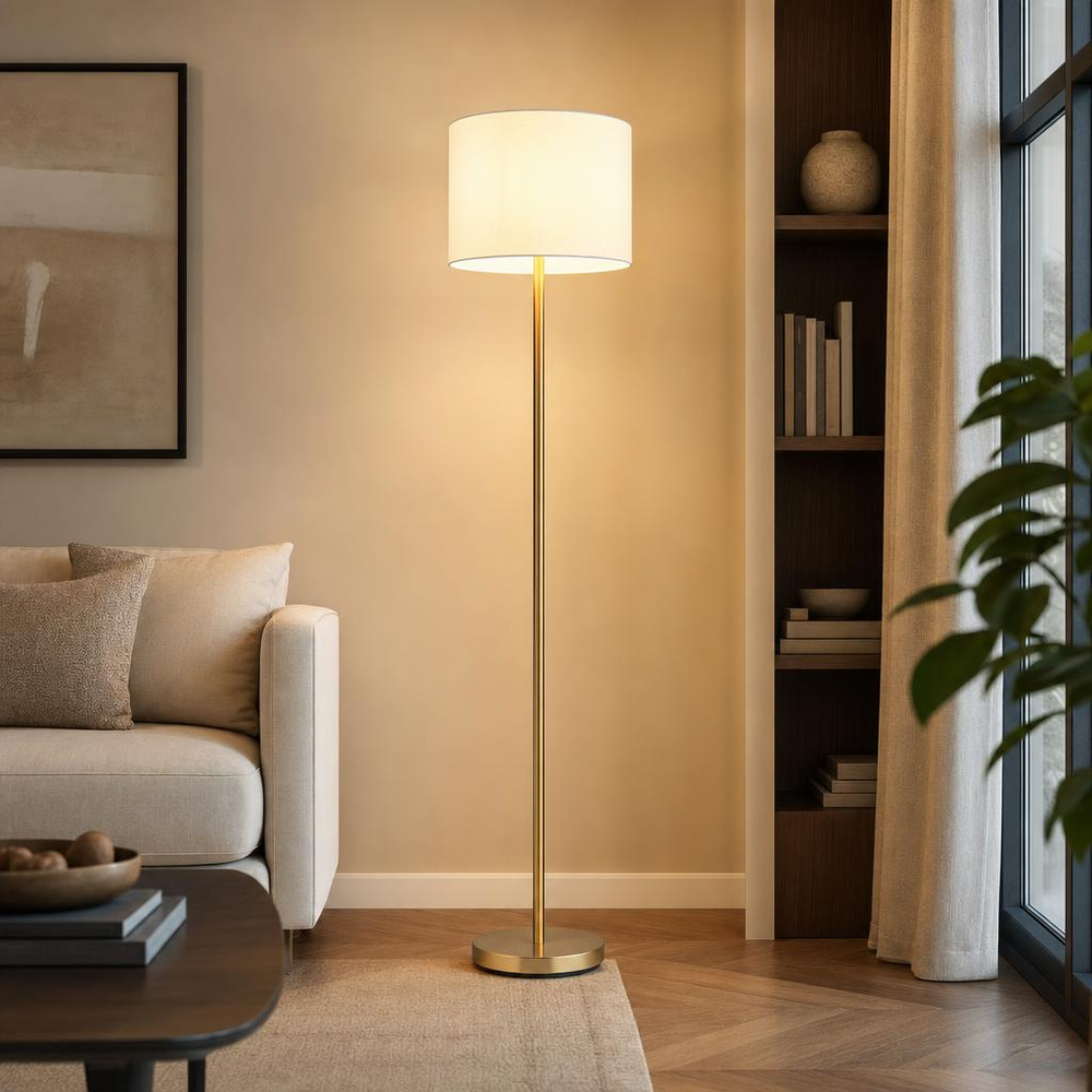 Stehleuchte Stehlampe Wohnzimmerlampe Fußschalter Messing Stoff Weiß H 151 Cm