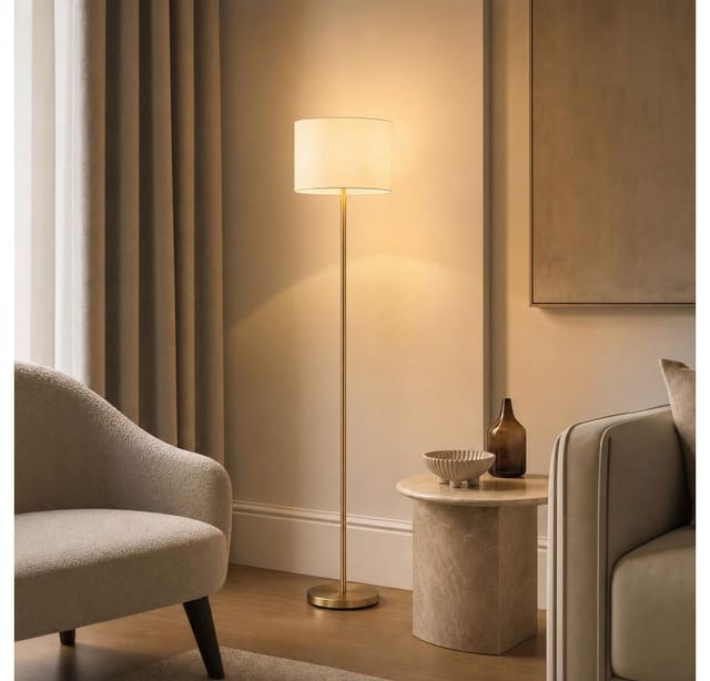 Stehleuchte Stehlampe Wohnzimmerlampe Fußschalter Messing Stoff Weiß H 151 Cm