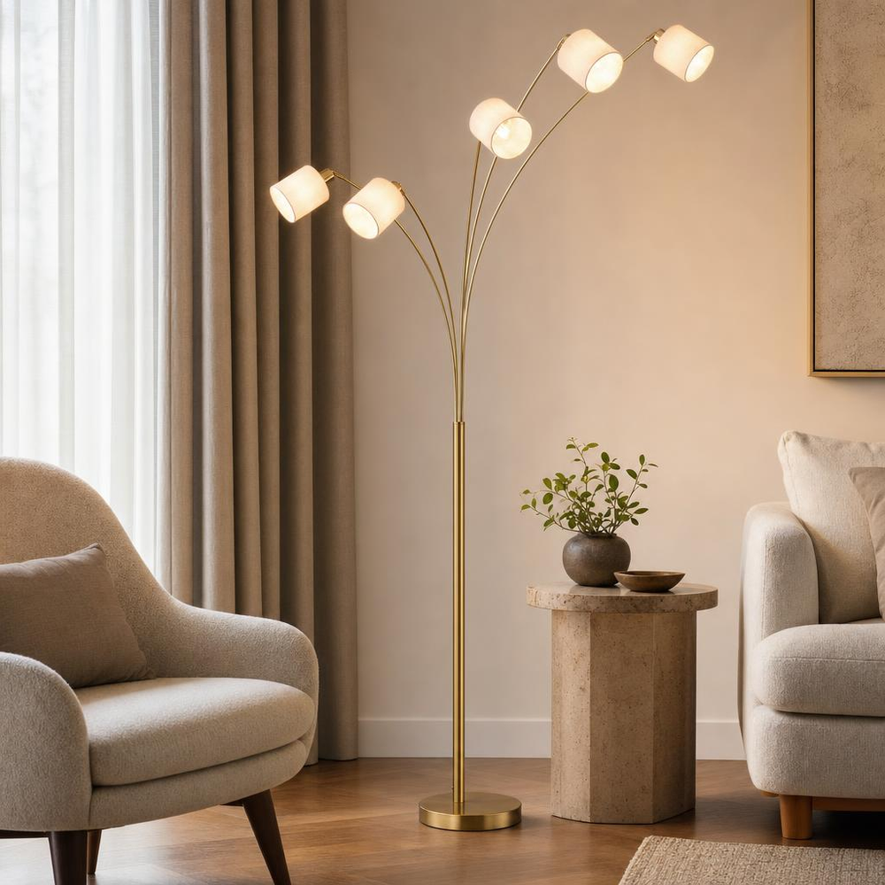 Stehlampe Stehleuchte Wohnzimmerlampe 5-flammig Messing Textil Weiß E27 H 200 Cm
