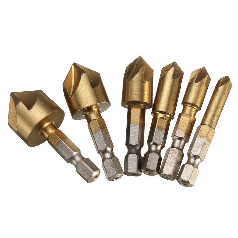 6-teiliger Senker-satz Mit 5 Schneiden, 6 Mm Sechskantschaft, 90°-winkel, Titanbeschichtet. Größen: 6 Mm, 8 Mm, 9 Mm, 12 Mm, 16 Mm, 19 Mm.