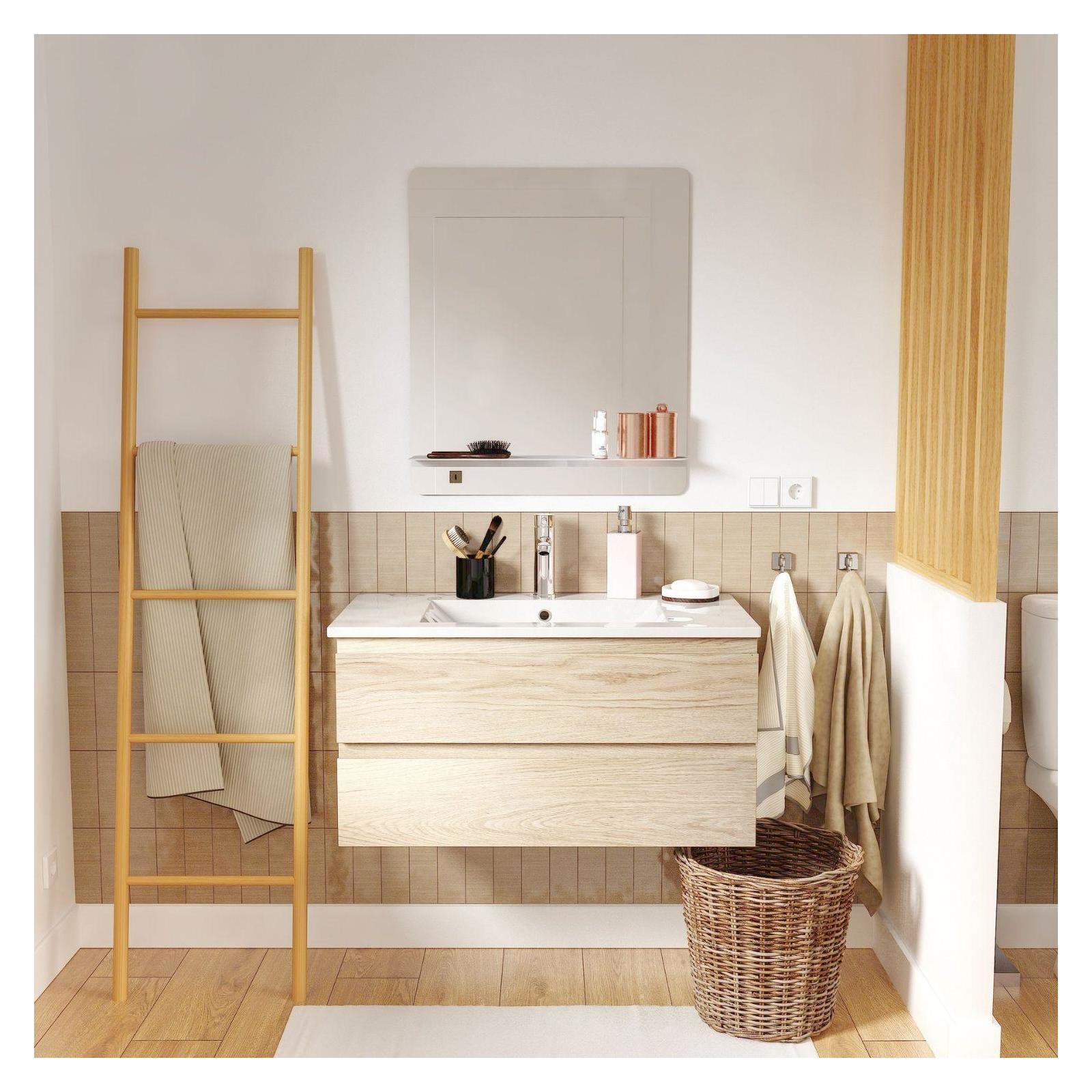 Meuble Simple Vasque Sorrento 80cm Décor Chêne Avec Robinet Et Miroir