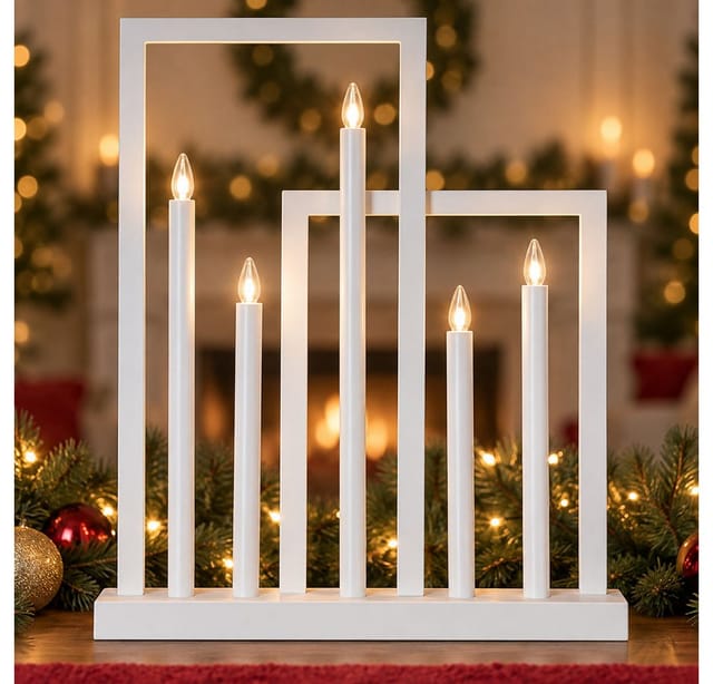 Led Kerzenständer Dekoleuchte Wohnzimmerlampe Weihnachten 5-flammig Weiß Holz H 51 Cm