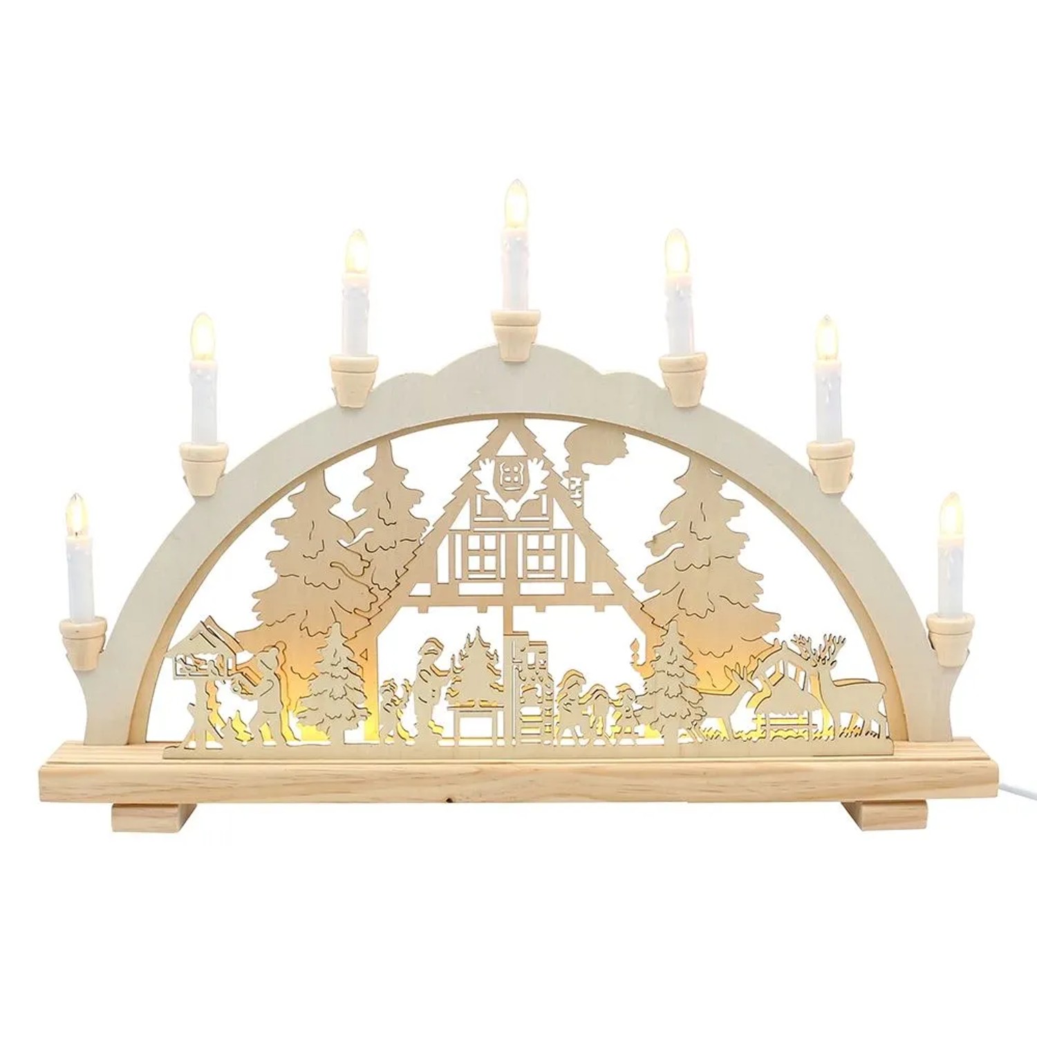 Dekohelden24 Leuchterbogen Schwippbogen Lichterbogen Fensterbogen Schwibbogen Motiv Waldhaus mit Spitzkerzen und LED-Band L/B/H 58 x 6 x 38 cm