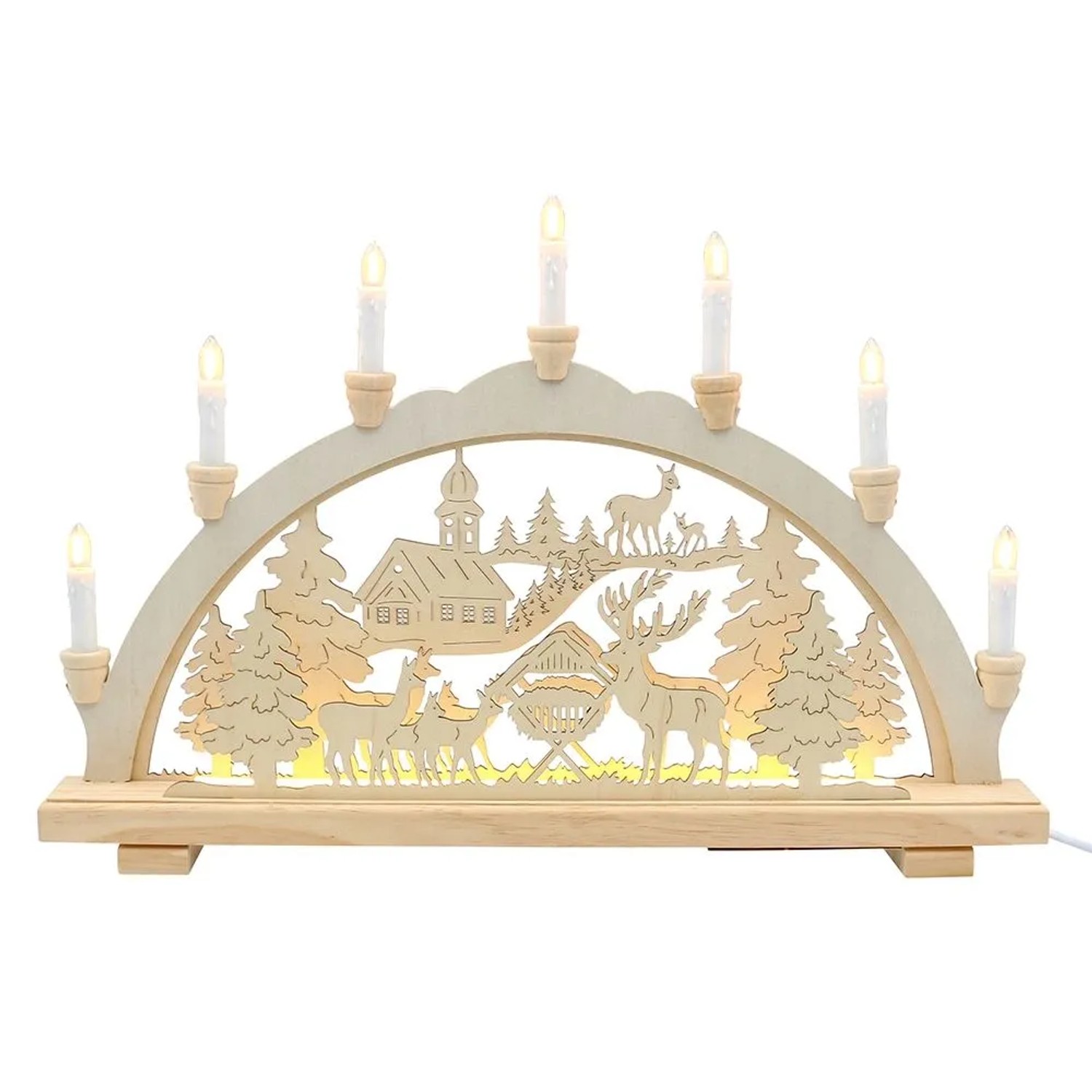 Dekohelden24 Leuchterbogen Schwippbogen Lichterbogen Schwibbogen Motiv Waldkirche und Rehe mit Spitzkerzen und LED-Band L/B/H 58 x 6 x 38 cm