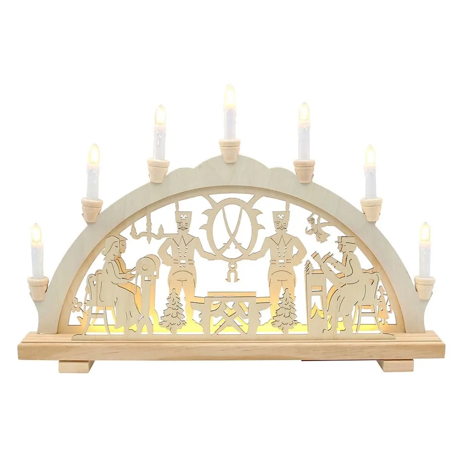Dekohelden24 Leuchterbogen Schwippbogen Lichterbogen Fensterbogen Schwibbogen Motiv Bergleute mit Spitzkerzen und LED-Band L/B/H 58 x 6 x 38 cm