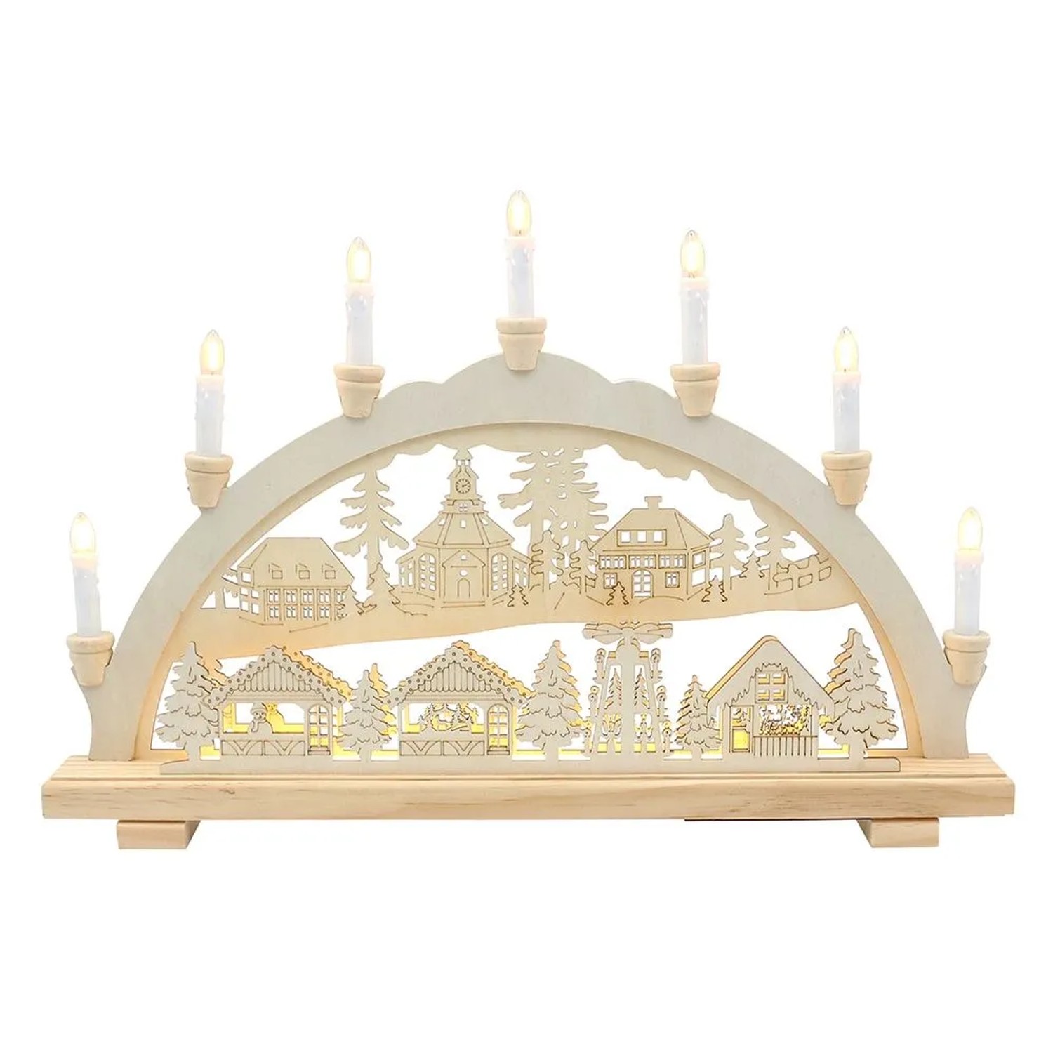 Dekohelden24 Leuchterbogen Schwippbogen Lichterbogen Schwibbogen Motiv Seiffener Weihnachtsmarkt mit Spitzkerzen und LED-Band L/B/H 58 x 6 x 38 cm