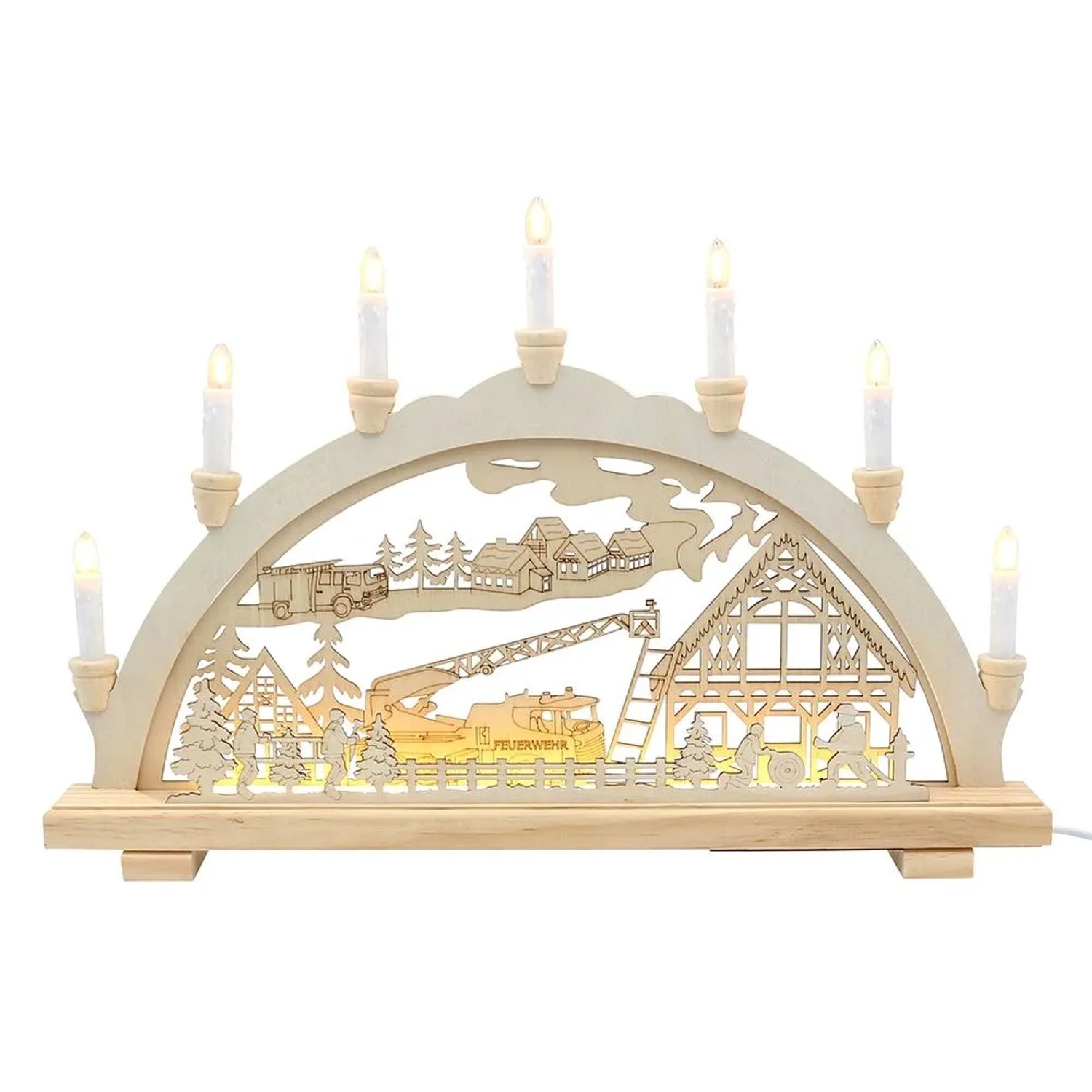 Dekohelden24 Leuchterbogen Schwippbogen Lichterbogen Schwibbogen Motiv Feuerwehr im Einsatz mit Spitzkerzen und LED-Band L/B/H 58 x 6 x 38 cm