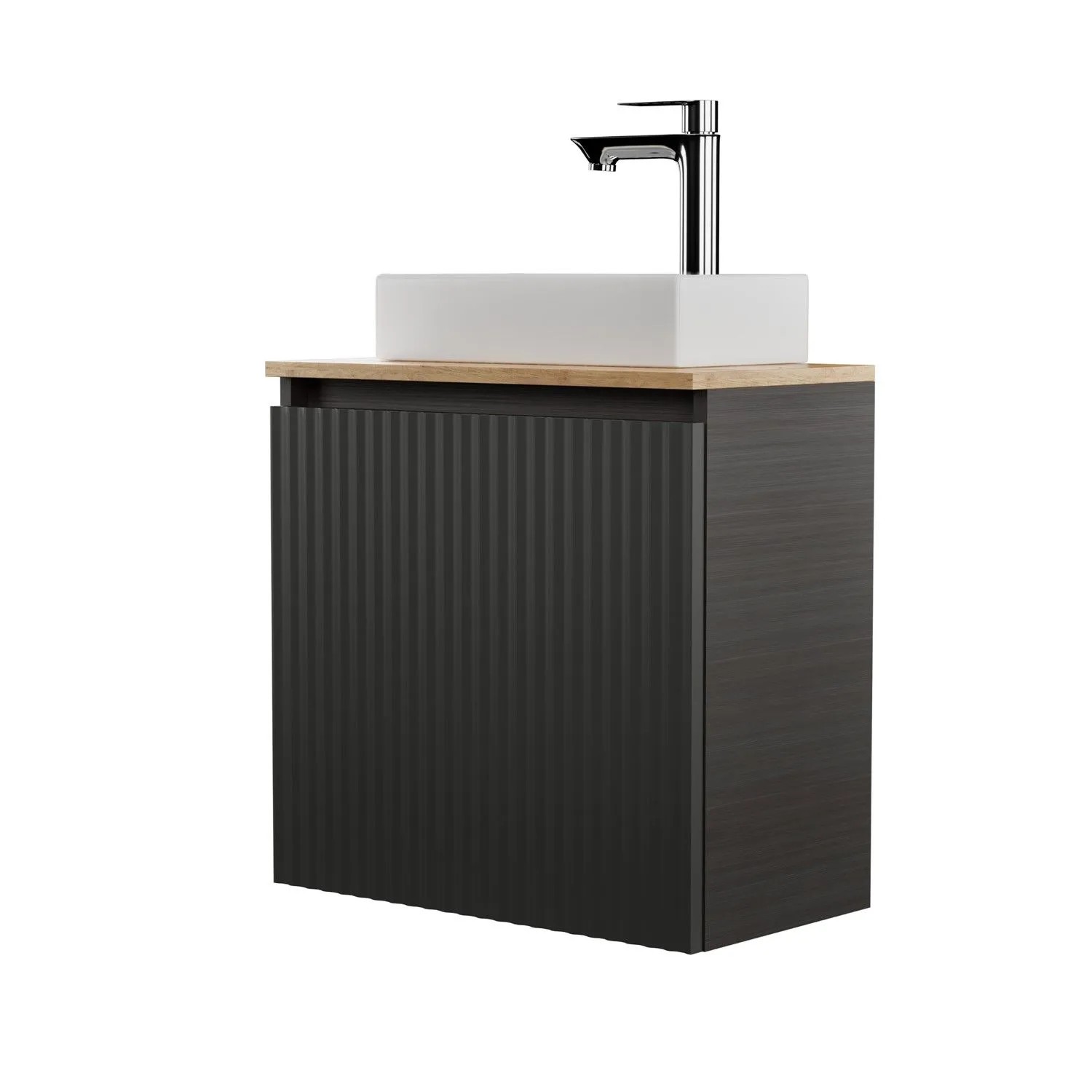 Planetmöbel Waschtisch 55 cm Anthrazit Matt mit Keramikwaschbecken Armatur Garnitur Chrom Soft Close