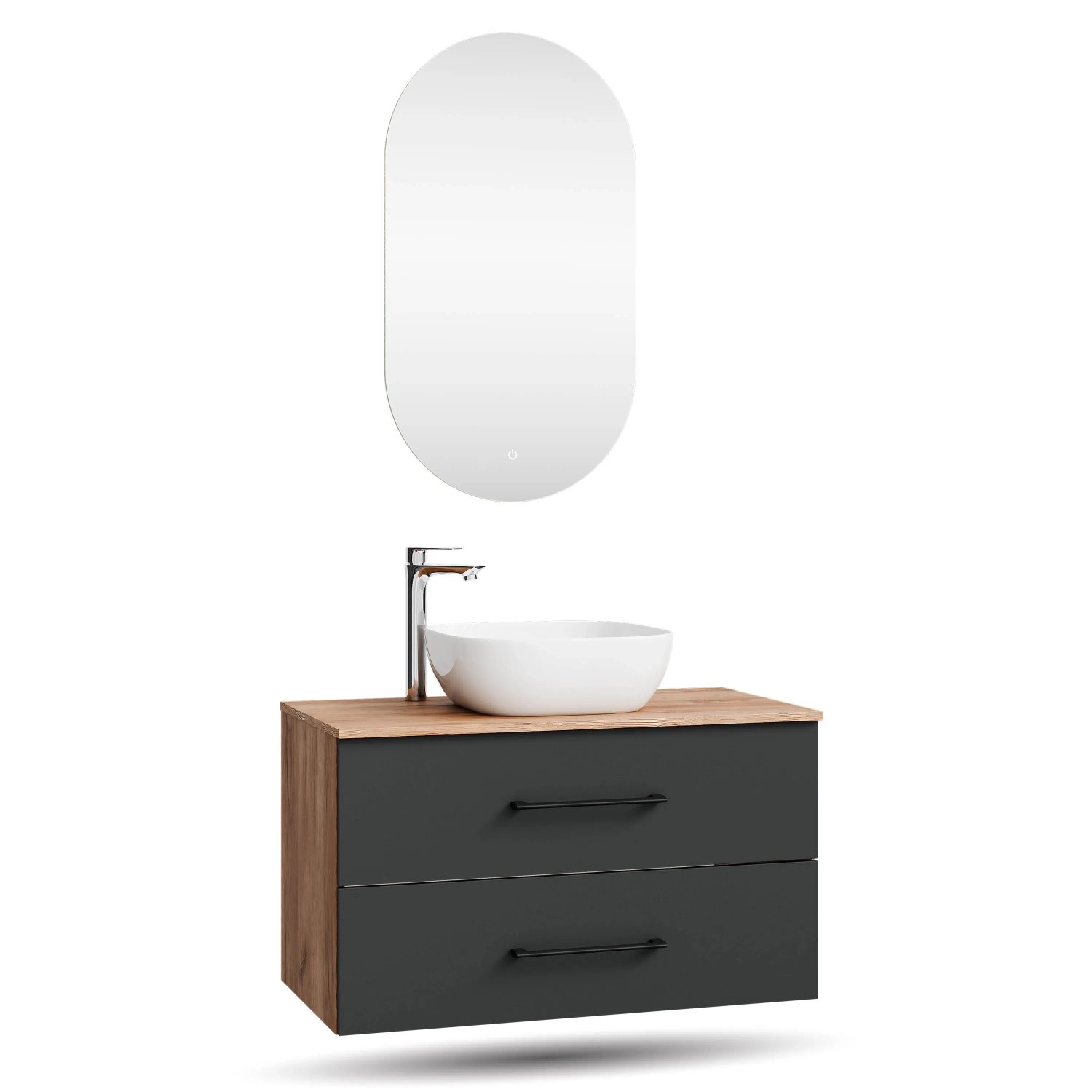 Planetmöbel LUX Badmöbel Set 90 cm mit Aufsatzwaschbecken 42,5 cm Weiß LED Spiegel Soft Close