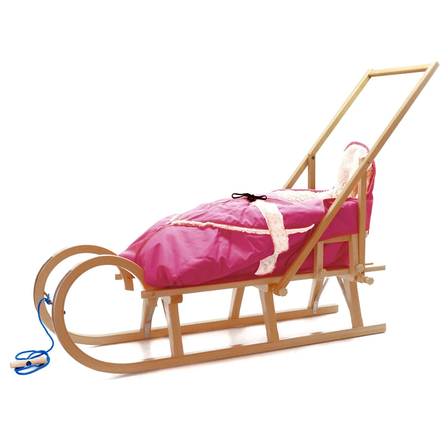 HolzFee Baran Baby Schlitten 120 cm mit Fußsack Alaska Rosa Hörnerschlitten mit Lehne und Schieber