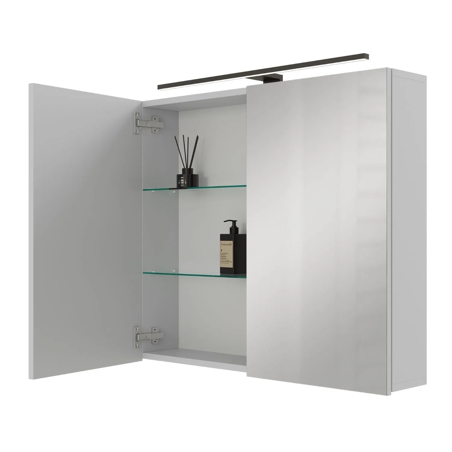 Planetmöbel ARIA Spiegelschrank 80 cm Weiß Grau mit LED Leuchte Schwarz Steckdosenbox 230 V