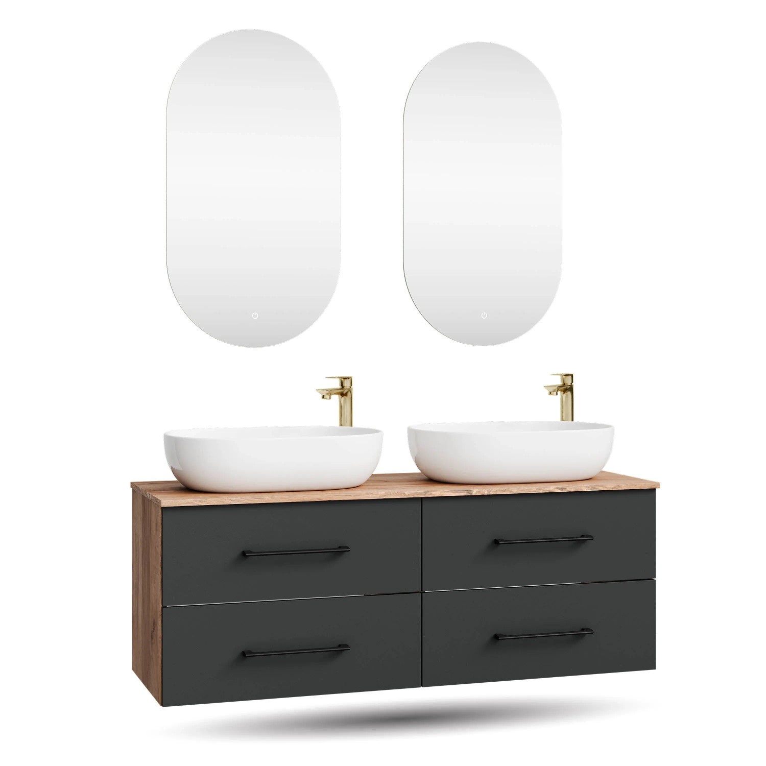 Planetmöbel LUX Doppelwaschtisch 140 cm mit 2 Aufsatzwaschbecken 60 cm Weiß 2 LED Spiegel Soft Close