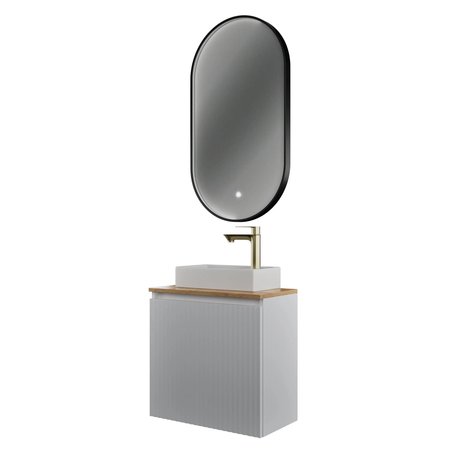 Planetmöbel Badmöbel Set Waschtisch 55 cm Weiß Matt mit Keramikwaschbecken GLORA LED Spiegel Soft Close