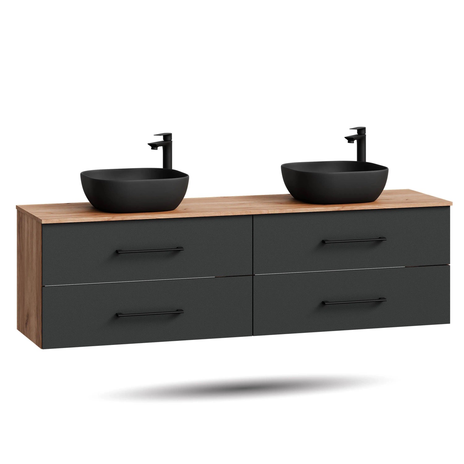 Planetmöbel LUX Doppelwaschtisch 180 cm mit 2 Aufsatzwaschbecken 42,5 cm Schwarz Soft Close