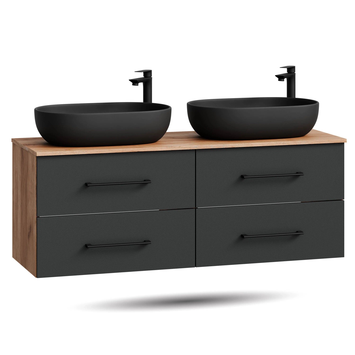 Planetmöbel LUX Doppelwaschtisch 140 cm mit 2 Aufsatzwaschbecken 60 cm Schwarz Soft Close