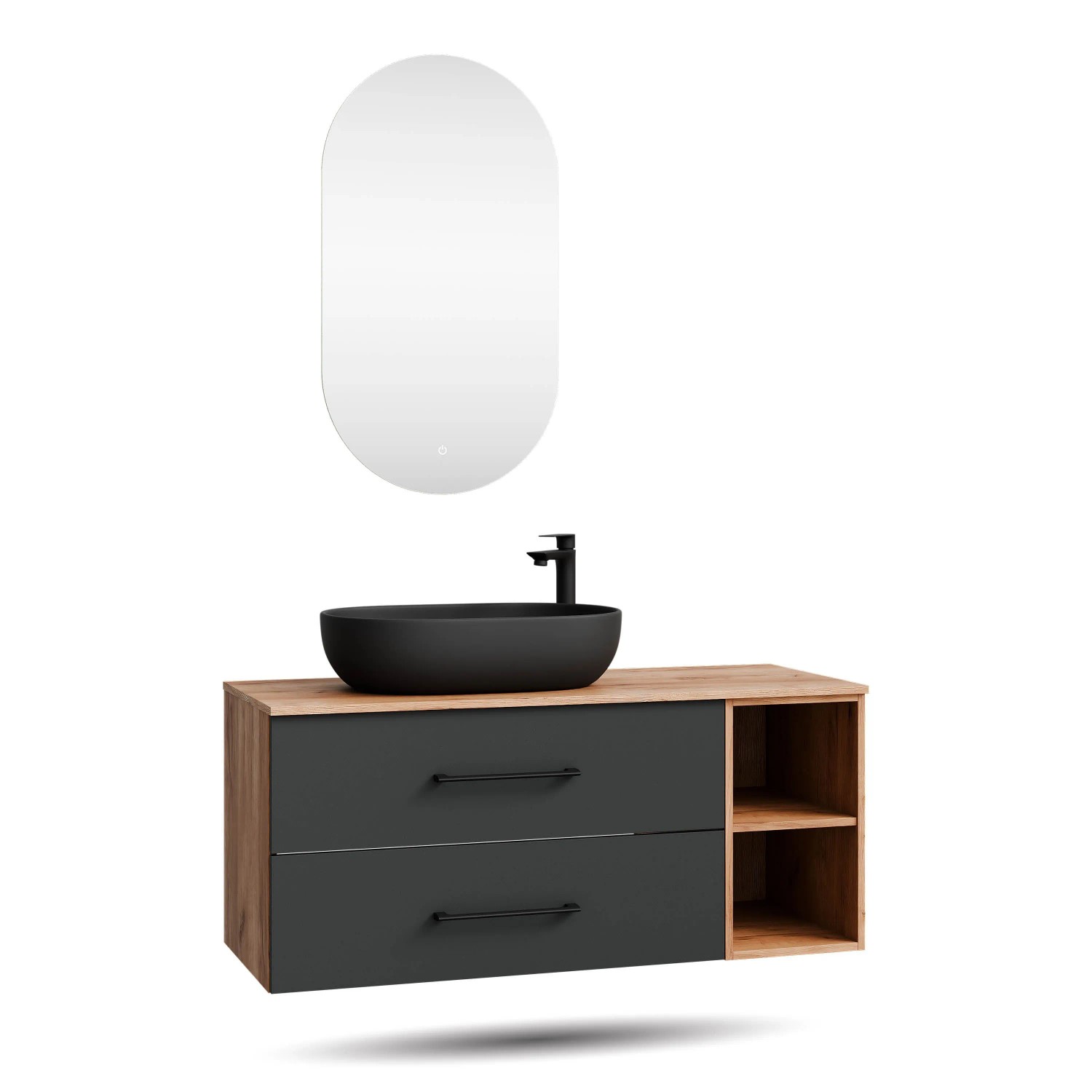 Planetmöbel LUX Badmöbel Set 120 cm mit Aufsatzwaschbecken 60 cm Schwarz LED Spiegel Soft Close