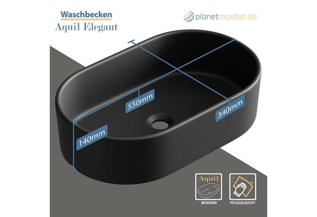 Planetmöbel Aufsatzwaschbecken 55 cm Schwarz Oval Keramik