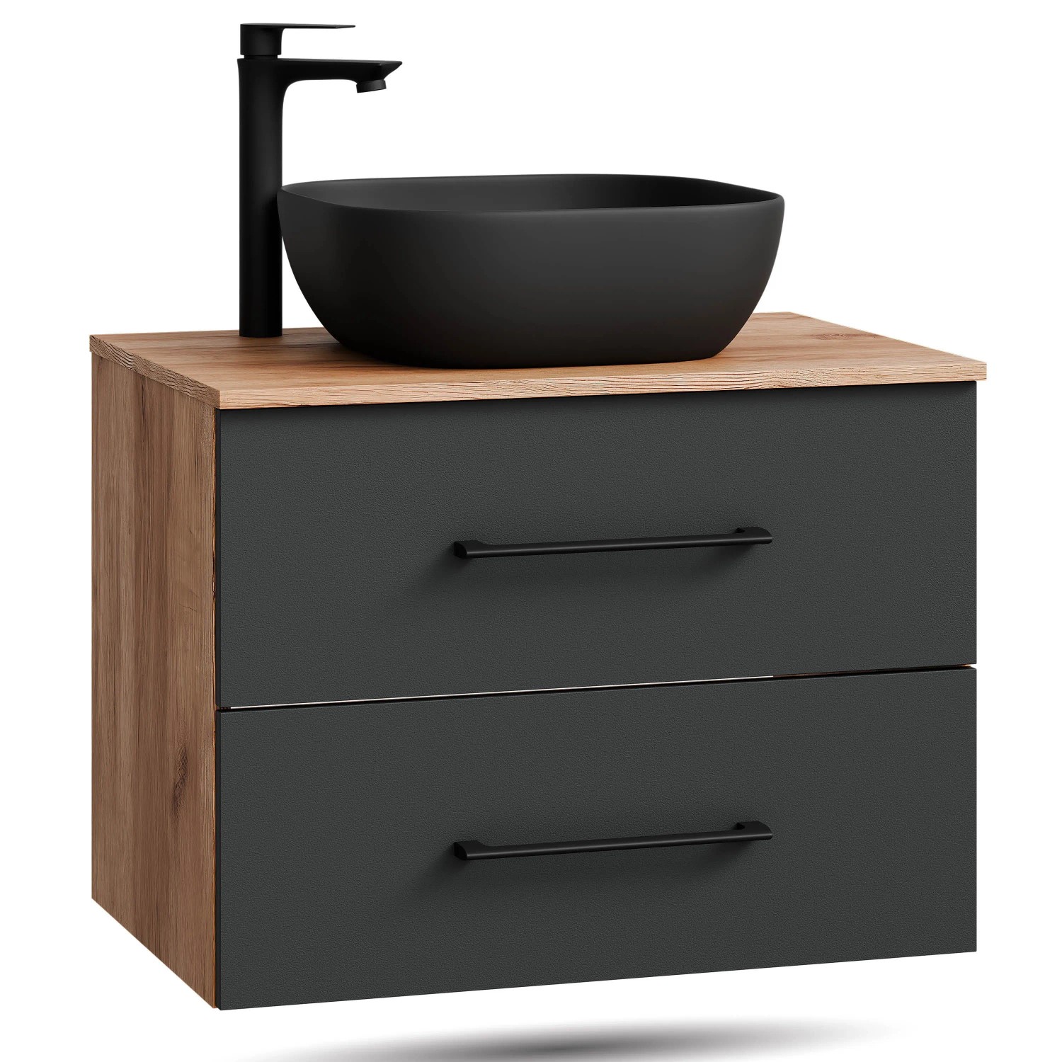 Planetmöbel LUX Waschtischunterschrank 70 cm mit Aufsatzwaschbecken 42,5 cm Schwarz Soft Close