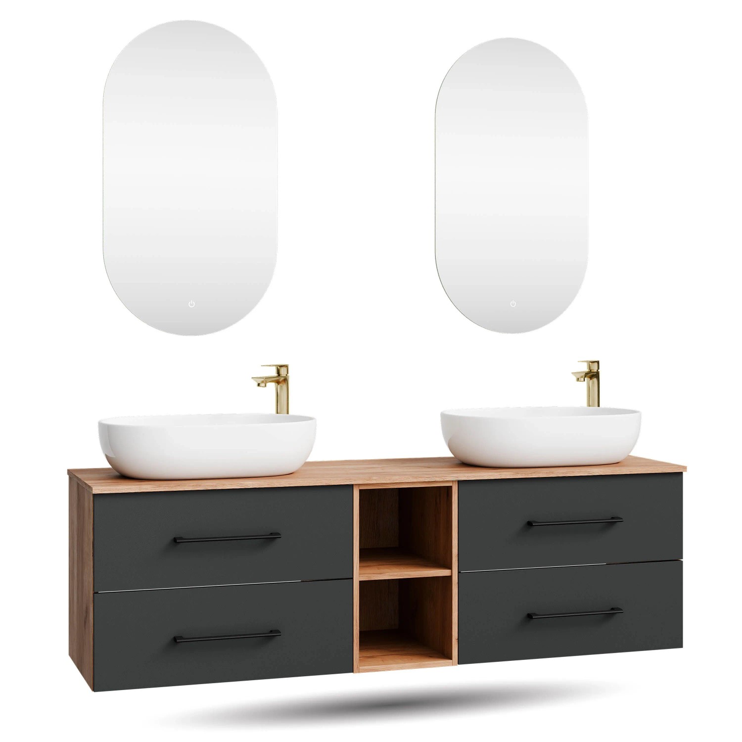 Planetmöbel LUX Badmöbel Set 170 cm mit 2 Aufsatzwaschbecken 60 cm Weiß 2 LED Spiegel Soft Close