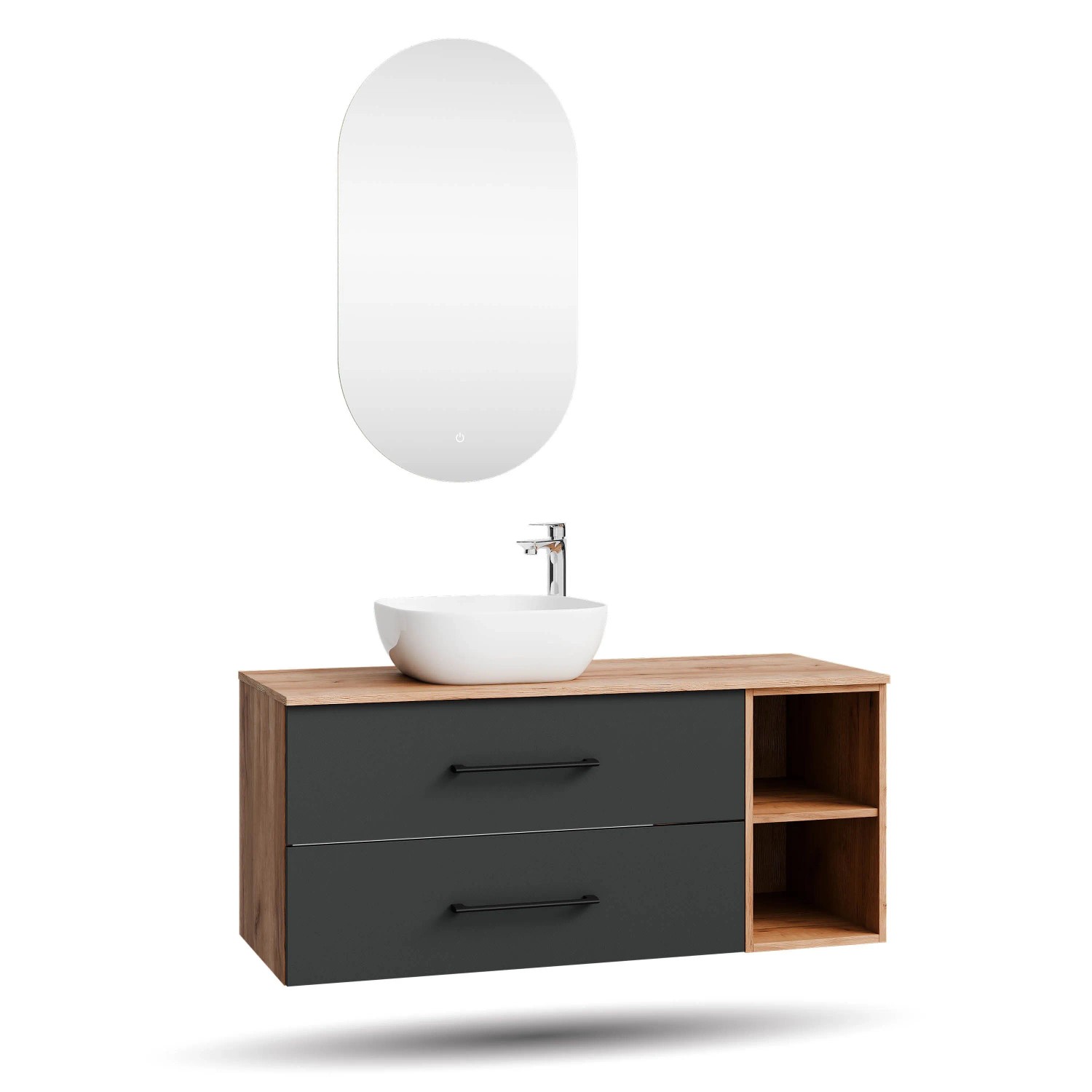 Planetmöbel LUX Badmöbel Set 120 cm mit Aufsatzwaschbecken 42,5 cm Weiß LED Spiegel Soft Close