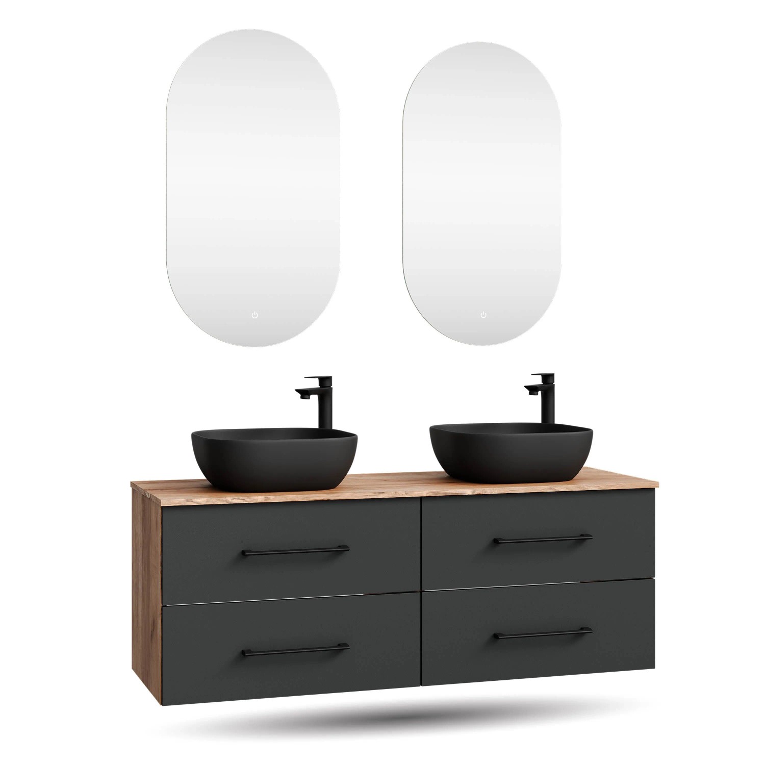 Planetmöbel LUX Doppelwaschtisch 140 cm mit 2 Aufsatzwaschbecken 42 cm Schwarz 2 LED Spiegel Soft Close