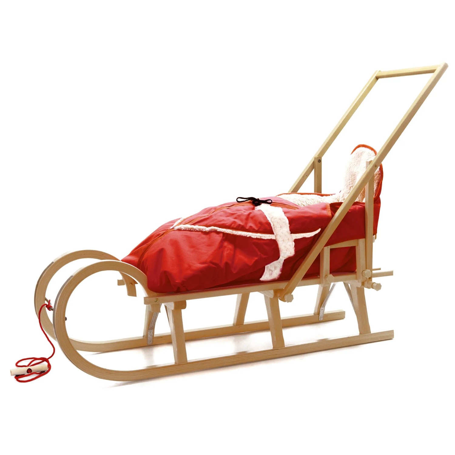 HolzFee Baran Baby Schlitten 120 cm mit Fußsack Alaska Rot Hörnerschlitten mit Lehne und Schieber