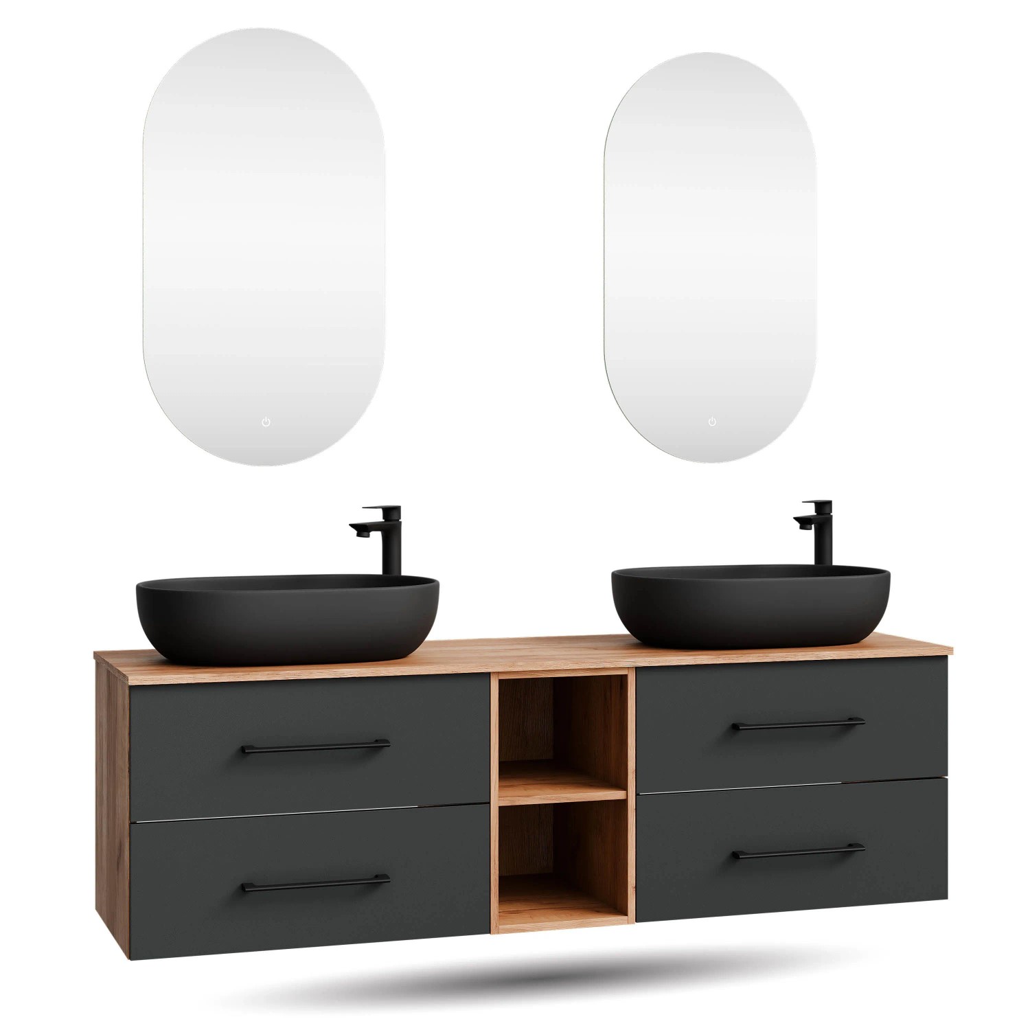 Planetmöbel LUX Badmöbel Set 170 cm mit 2 Aufsatzwaschbecken 60 cm Schwarz 2 LED Spiegel Soft Close