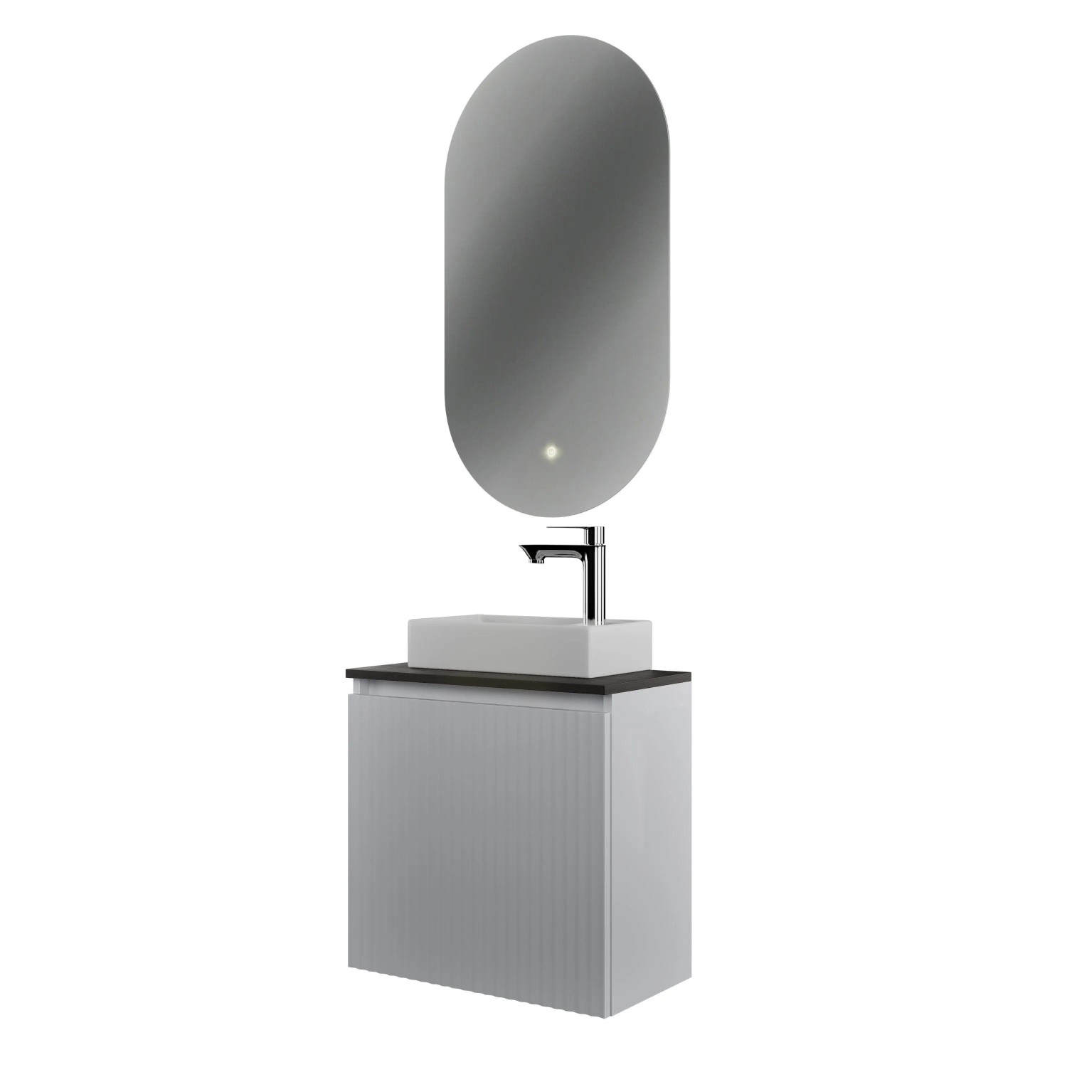 Planetmöbel Badmöbel Set Waschtisch 55 cm Weiß Matt mit Keramikwaschbecken LED Spiegel Soft Close