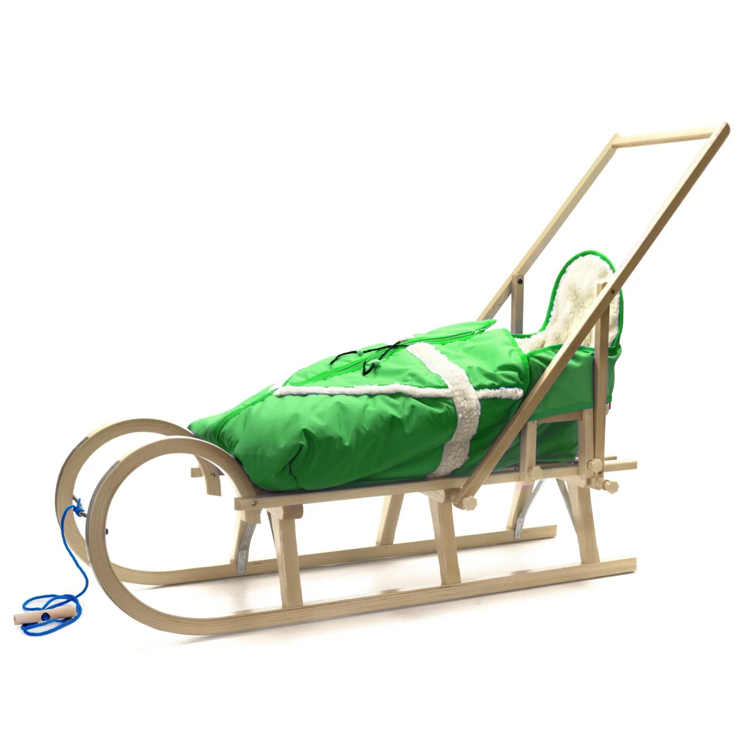 HolzFee Baran Baby Schlitten 120 cm mit Fußsack Alaska Grün Hörnerschlitten mit Lehne und Schieber