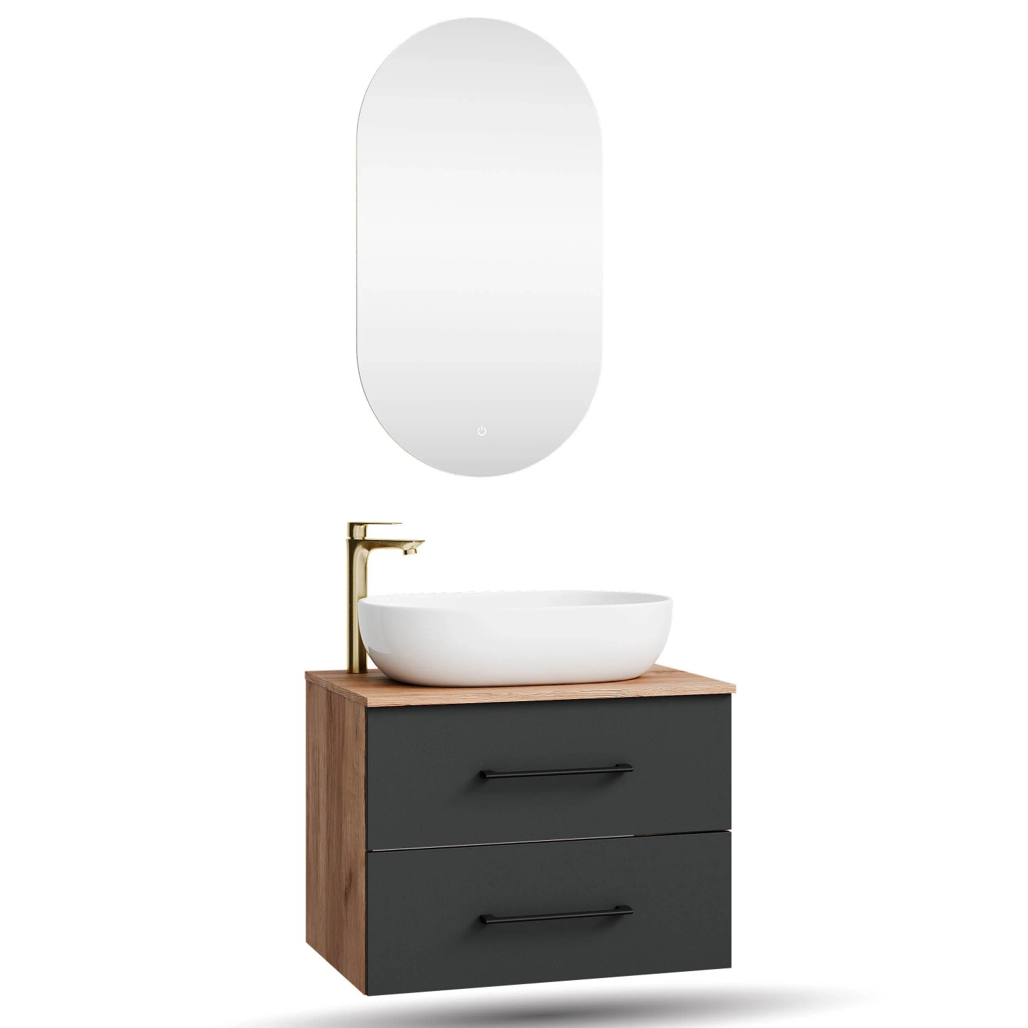 Planetmöbel LUX Badmöbel Set 70 cm mit Aufsatzwaschbecken 60 cm Weiß LED Spiegel Soft Close