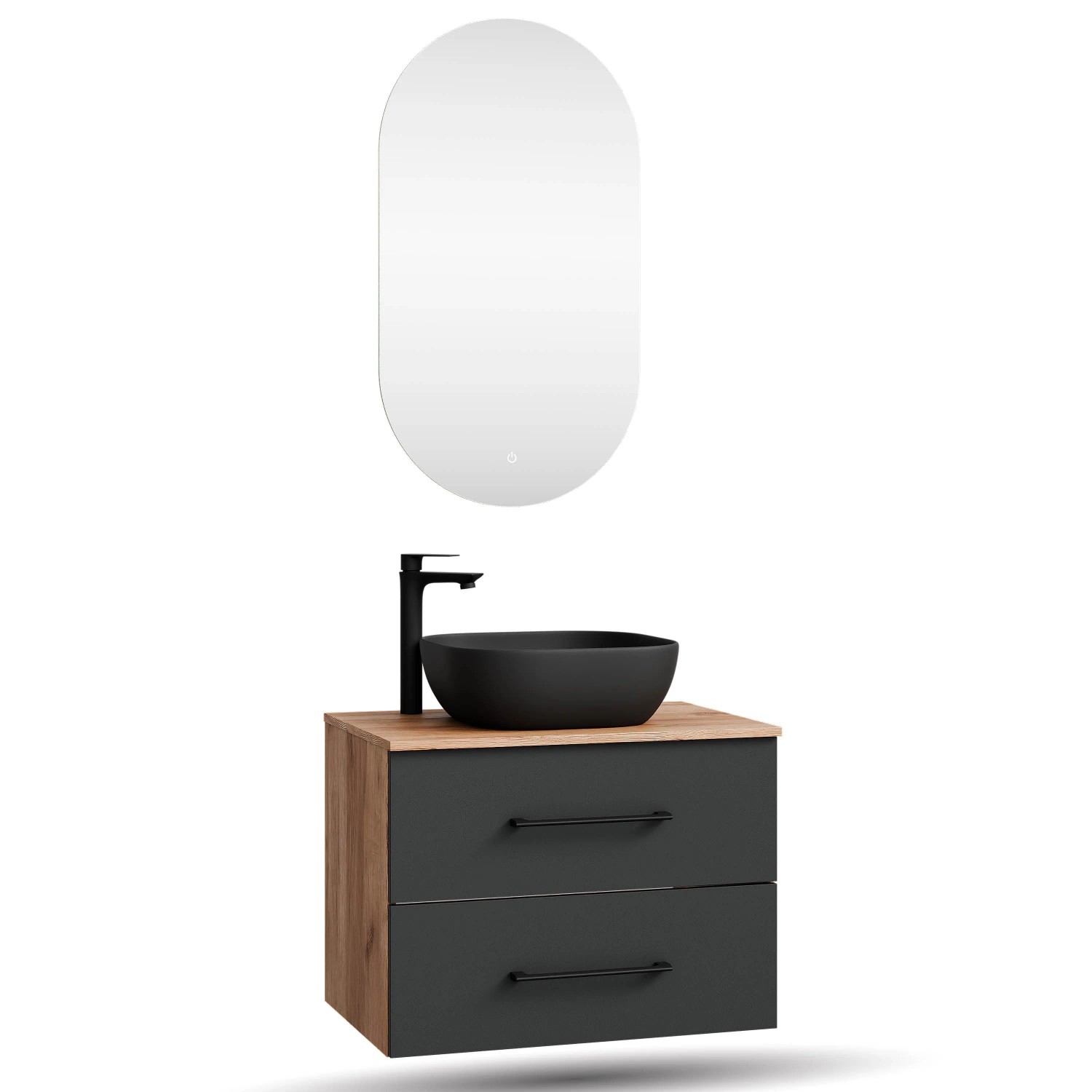 Planetmöbel LUX Badmöbel Set 70 cm mit Aufsatzwaschbecken 42,5 cm Schwarz LED Spiegel Soft Close