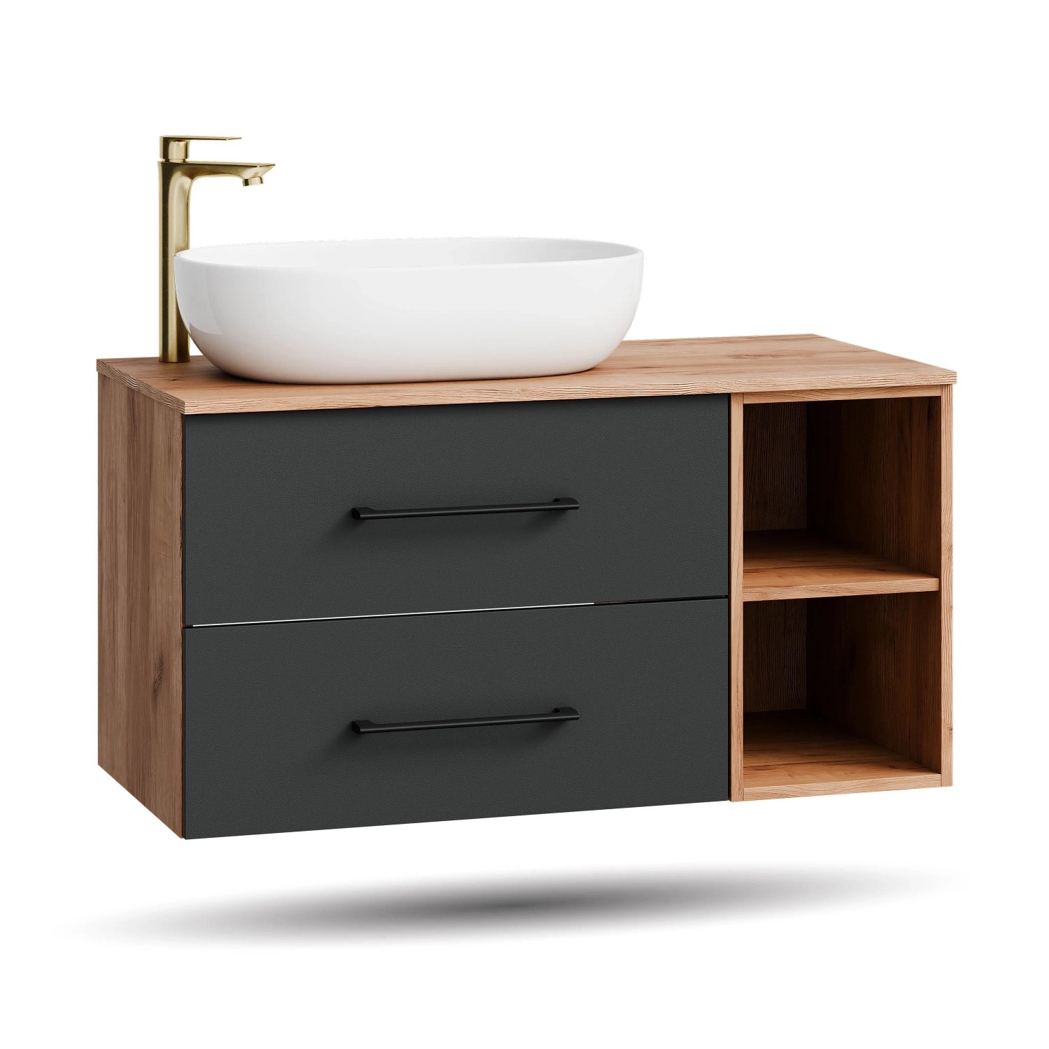 Planetmöbel LUX Waschtischunterschrank 100 cm mit Regal Aufsatzwaschbecken 60 cm Weiß Soft Close