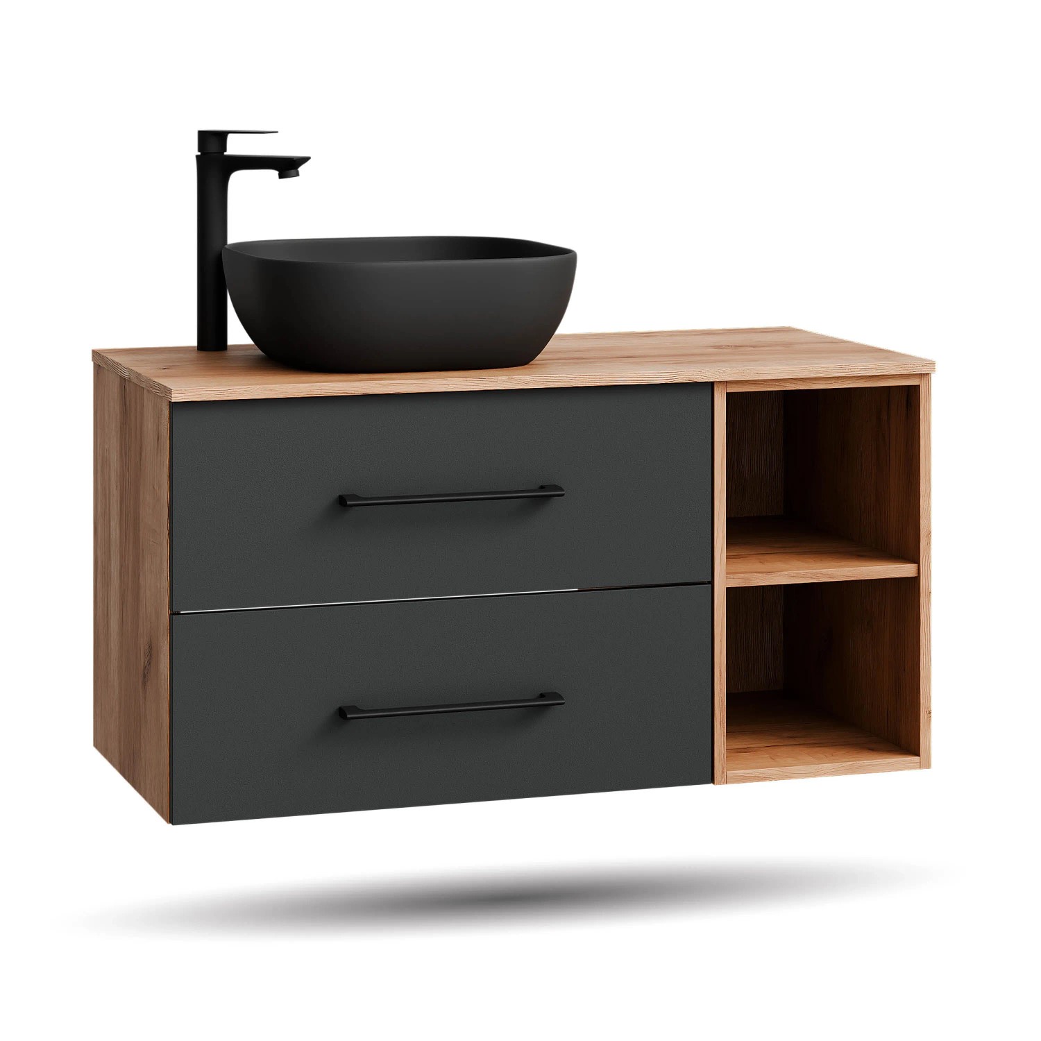 Planetmöbel LUX Waschtischunterschrank 100 cm mit Aufsatzwaschbecken 42,5 cm Schwarz Soft Close