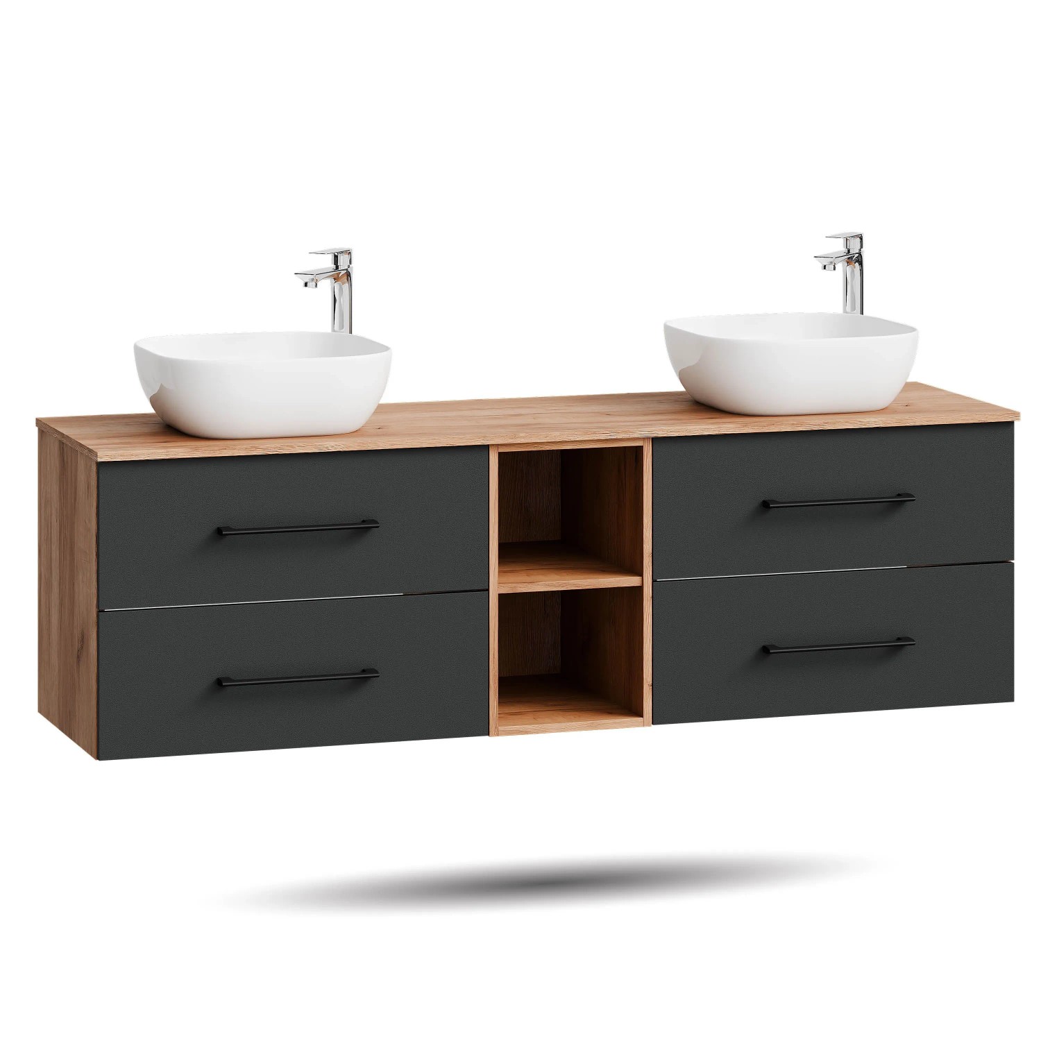 Planetmöbel LUX Doppelwaschtisch 170 cm mit 2 Aufsatzwaschbecken 42,5 cm Weiß Regal Soft Close